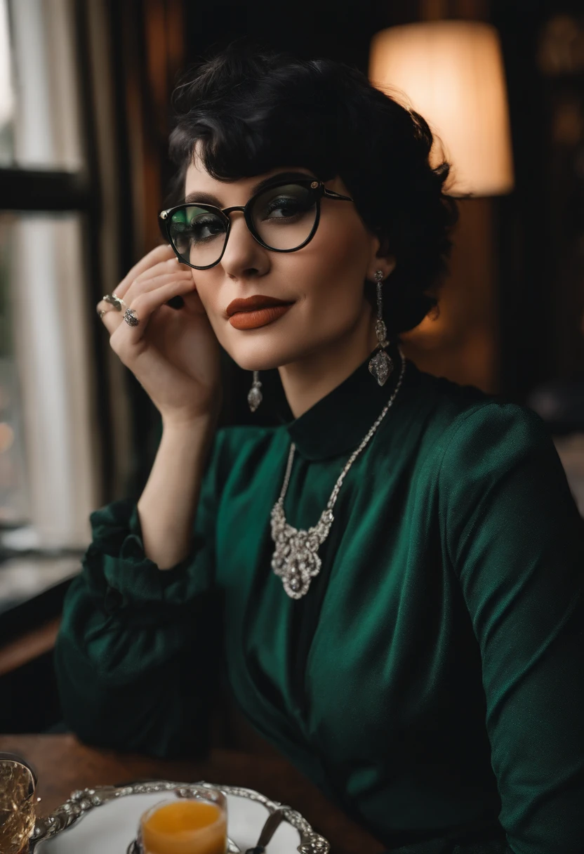 A photo of Vivian sitting at a high-end brunch spot, sipping on a mimosa with a seductive smile on her face.,original,Vivian is short, extremely pale, with an hourglass figure, very small breasts, black hair in a pixie cut, brown eyes, winged eyeliner, circle frame glasses, goth aesthetic, wears black and emerald green, wears a dark green and black plaid flannel, wears lots of silver rings, wears chokers and silver necklaces, female