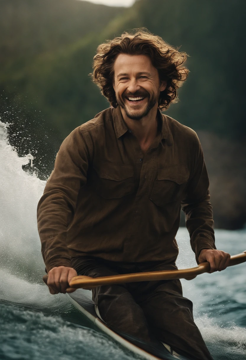 The image is of Sirius wakeboarding, riding the waves with a huge grin on his face.,Harry Potter series,Sirius is tall with shaggy curly brown hair, with brown eyes and a goatee. Famously portrayed by Gary Oldman, male