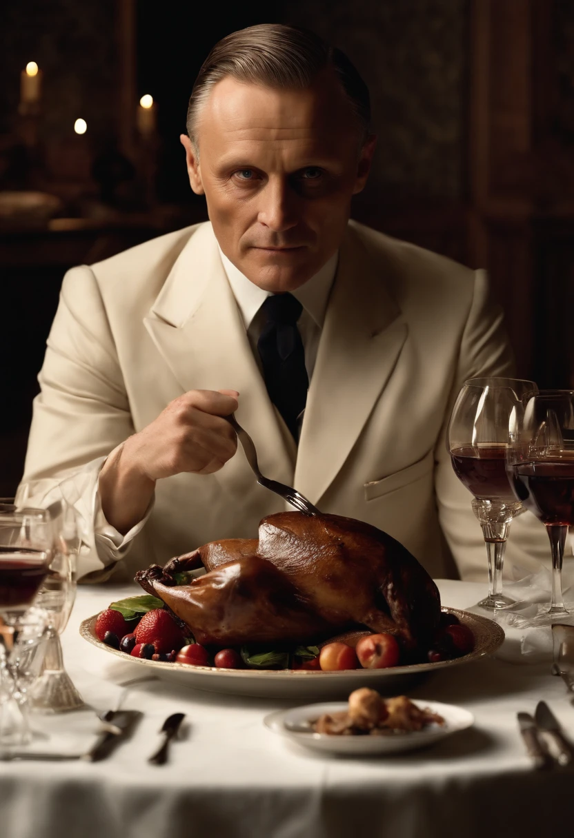 A photo of Hannibal Lecter savoring a luxurious feast at a perfectly set table,The Silence of the Lambs,Lecter’s appearance is described as being disarmingly ordinary yet neat, with an intense gaze and a hint of predatory sharpness. He often presents himself with impeccable manners, a calm composure, and a precise, almost surgical precision in movement, masking the monster that lies beneath his civilized veneer., male