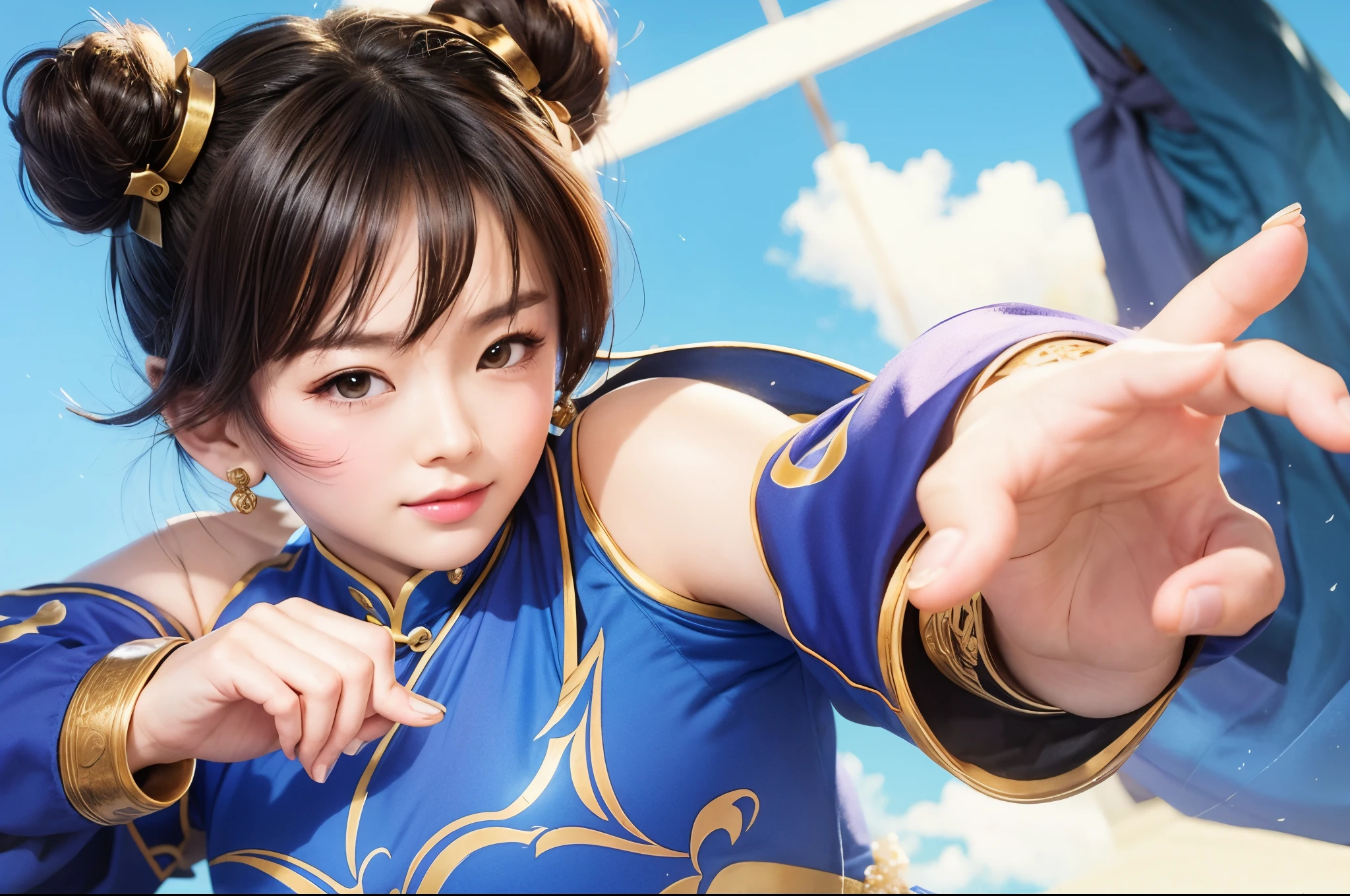 Chun-Li from Street Fight II,The perfect Chun Li outfit,Blue cheongsam with gold lines,Bun head,Covers well,Fighting posture,Masterpiece、1 beautiful girl、good eyes、Bags under the eyes、Highest quality, 超high resolution, (reality: 1.4), movie light、Japan、Asian beauty、Korea、It's so beautiful.、Beautiful skin、body facing forward、close to face、(超reality的な)、(high resolution)、(8ก)、(very detailed)、(美しくgood eyes)、(Superb details)、 (wall-)、detailed face、bright light、professional lighting、looking at the audience、looking straight ahead、Slim and slender、Nogizaka Idol、ไอดอลKorea、Masterpiece, Highest quality, Masterpiece, Highest quality, perfect face, Perfect brown eyes with sclera., bad moves-5, alone, 1 woman, upper body, brown hair, From SF2, Chinese service, smile, muscular woman, blue clothes, tights, Pelvic curtain, puffy short sleeves, Covers well, sash, appraisal:safety