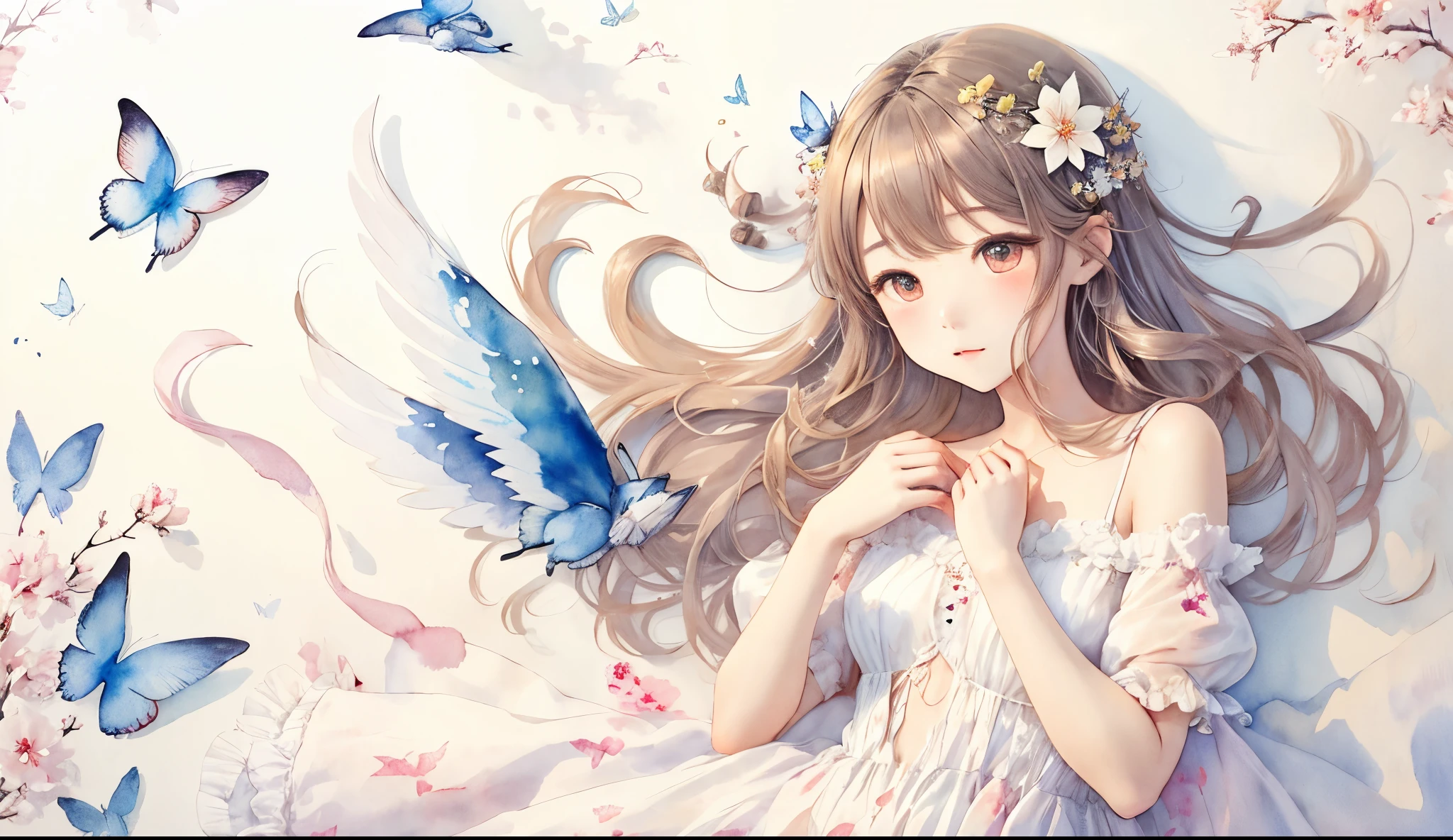 illustratio、watercolor paiting、 Fantasia、 Angel Girl、length hair、cute little、butterflys々Fluttering、Deformed、portraitures、
