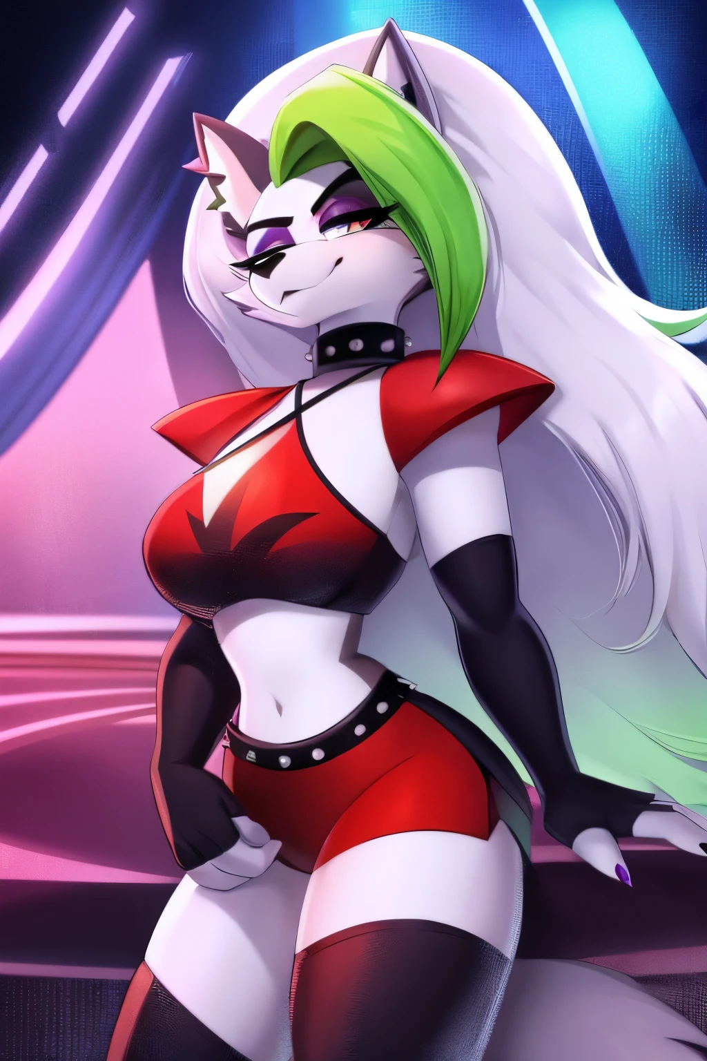 best quality, (roxanne fused with loona:1.1), solo, furry female, body fur, makeup, sexy clothes