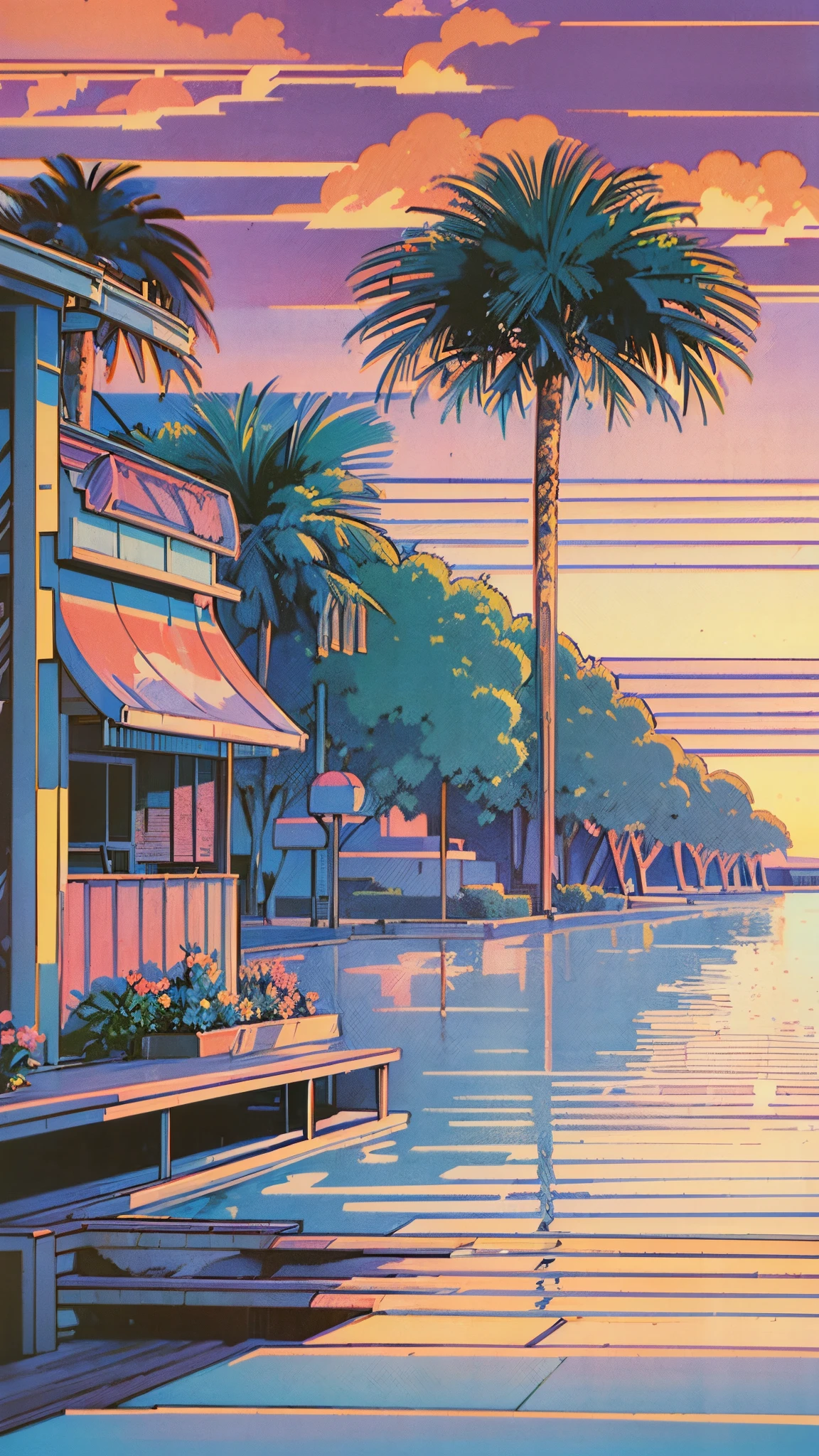 (((Hiroshi Nagai)))，Sunset，Faraway view，Palm trees， shores，Abstract，Resort，muted pastel colors，Soft Pictures，retro anime, 1990s anime, 1980s anime, retro anime，Retro anime style，masutepiece, Best Quality, Old School Anime, Beautiful anime