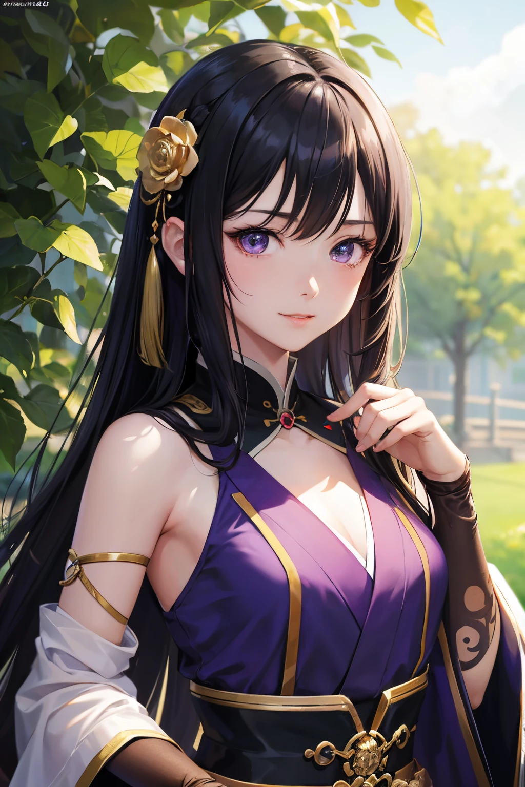 masterpiece, top-quality、8K,  anime girl, 20 year old, long black hair , ornamental accessory on hair, outdoor sunny garden, a character portrait by Yang J, Trend of CGsociety, Fantasy art, a beautiful anime portrait, detailed portrait of an anime girl, A girl in Hanfu, Guviz-style artwork, Beautiful anime girl, portrait anime girl, Beautiful character painting, Guviz, Portrait of an anime girl,  (perfectly detailed face), ((well detailed hand, normal hands)), photorealistic image, depth of field, raytracing, warm smile, cowboy shot, standing, upper body, purple clothing, bare shoulders, slim waist