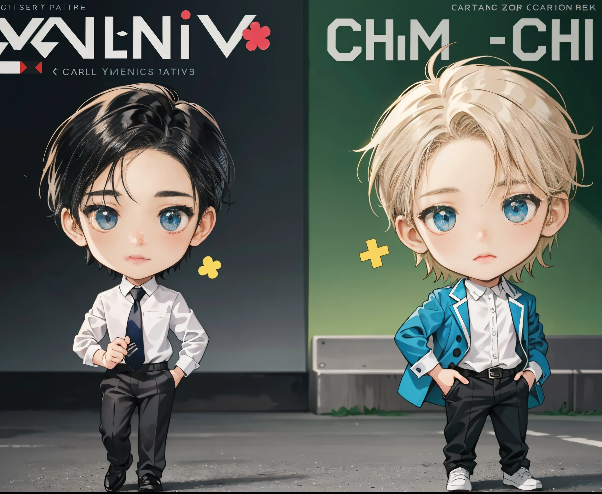 cartoony、boy in shirt and boy in tie, chibiStyle, official fan art, [ number art ]!!, comic strip, High-quality fanart, wireless, cute boys, adorable digital art, Official illustration, in the art style of bowater, Everyone wears period-appropriate clothes, !!full-body portraits!!, number art!!, cute artwork