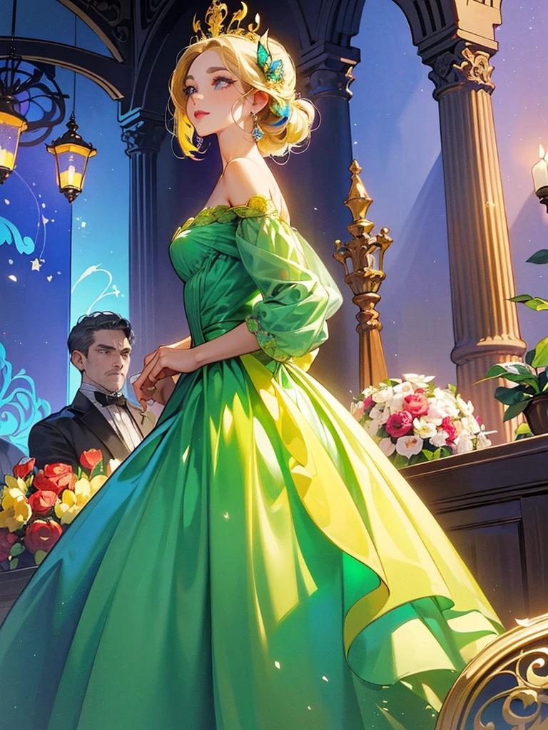 motivo borboleta、tons de verde e vermelho、cores vibrantes、((obra prima)))、(((qualidade superior)))、((ultra-detalhada))、(Um hiper-realista)、(CGillustration altamente detalhado)、Arte Oficial、Paris at the beginning of the 20th century、decadente、Madame Papillon、beleza legal、Mascarada、Refinamento、elegence、gorgeous、Masks that cover most of the face、Colorful and detailed mask design、unparalleled beauty、fans、lindo vestido、joias、solo feminino、perfect angle、perfect compositio、Esbian de corpo inteiro