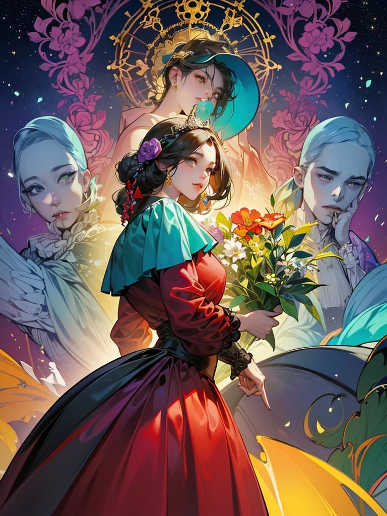 motivo borboleta、tons de verde e vermelho、cores vibrantes、((obra prima)))、(((qualidade superior)))、((ultra-detalhada))、(Um hiper-realista)、(CGillustration altamente detalhado)、Arte Oficial、Paris at the beginning of the 20th century、decadente、Madame Papillon、beleza legal、Mascarada、Refinamento、elegence、gorgeous、Masks that cover most of the face、Colorful and detailed mask design、unparalleled beauty、fans、lindo vestido、joias、solo feminino、perfect angle、perfect compositio、Esbian de corpo inteiro