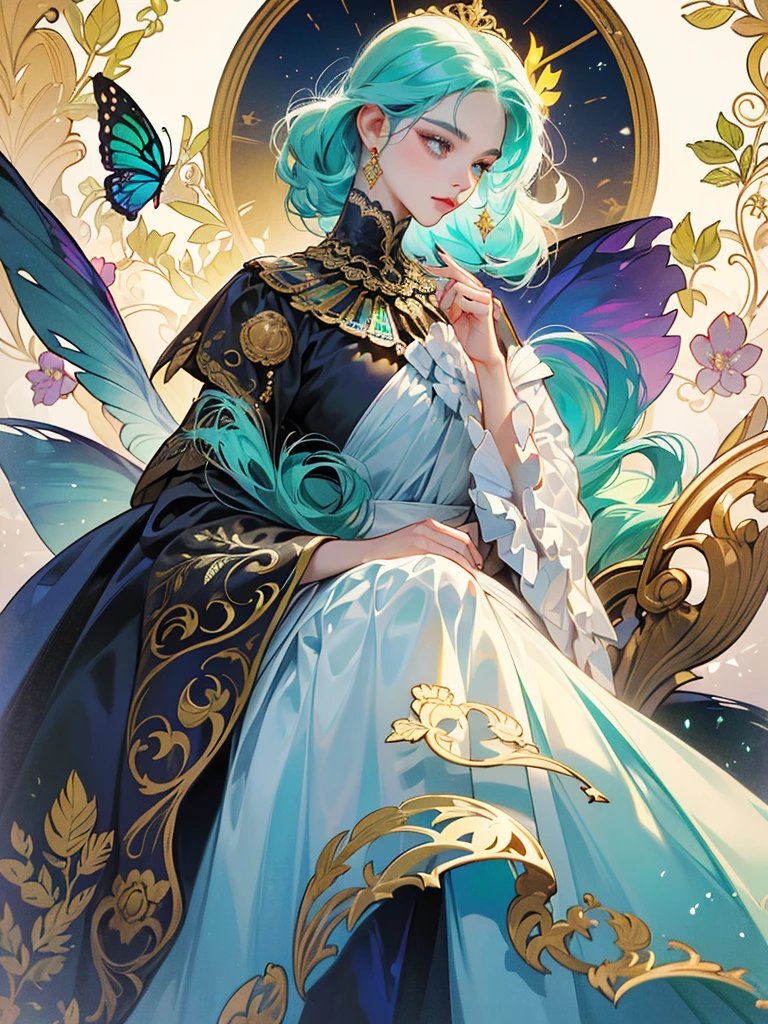 motivo borboleta、tons de verde e vermelho、cores vibrantes、((obra prima)))、(((qualidade superior)))、((ultra-detalhada))、(Um hiper-realista)、(CGillustration altamente detalhado)、Arte Oficial、Paris at the beginning of the 20th century、decadente、Madame Papillon、beleza legal、Mascarada、Refinamento、elegence、gorgeous、Masks that cover most of the face、Colorful and detailed mask design、unparalleled beauty、fans、lindo vestido、joias、solo feminino、perfect angle、perfect compositio、Esbian de corpo inteiro