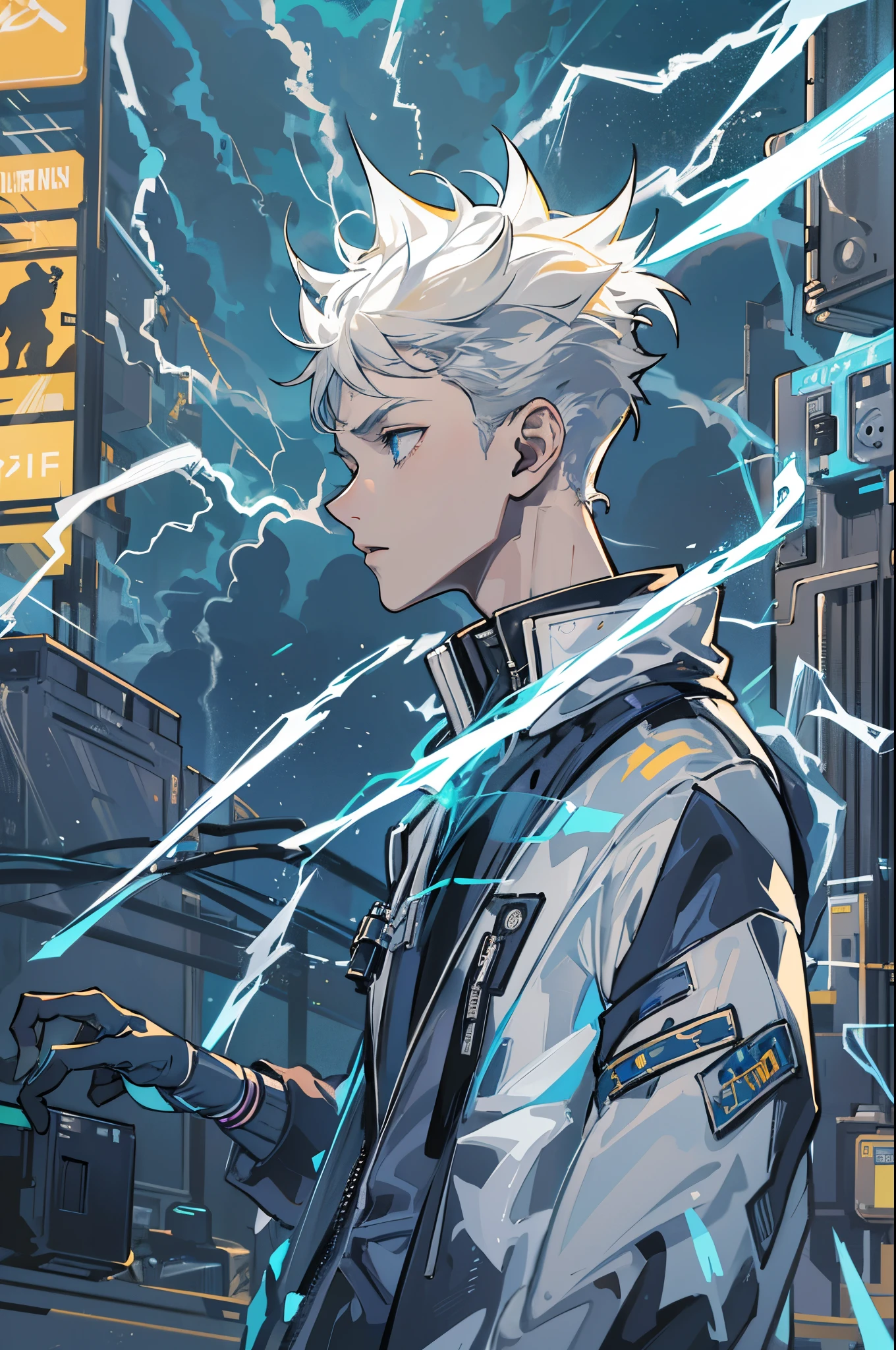 A 15-year-old teenage boy with an albino skin tone. He is an engineer and artificer, without facial or body hair. His hair is short and straight, colored white. The boy is wearing a futuristic cyberpunk in black and blue, futuristic style clothes, adorned with white lightning patterns. He is surrounded by an aura of white lightning, with a background featuring a scenery of rapid lightning and thunder. Thunder powers.