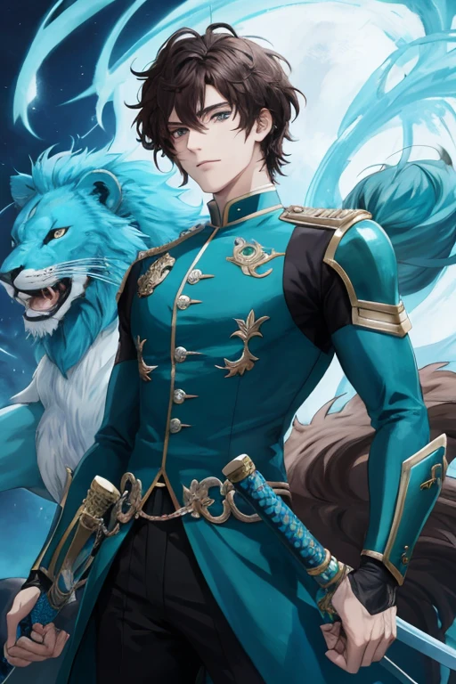 Anime boy with semi-curly dark brown hair teal eyes and sword talking with glowing blue lion