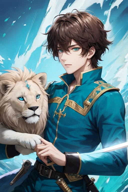 Anime boy with semi-curly dark brown hair teal eyes and sword talking with glowing blue lion