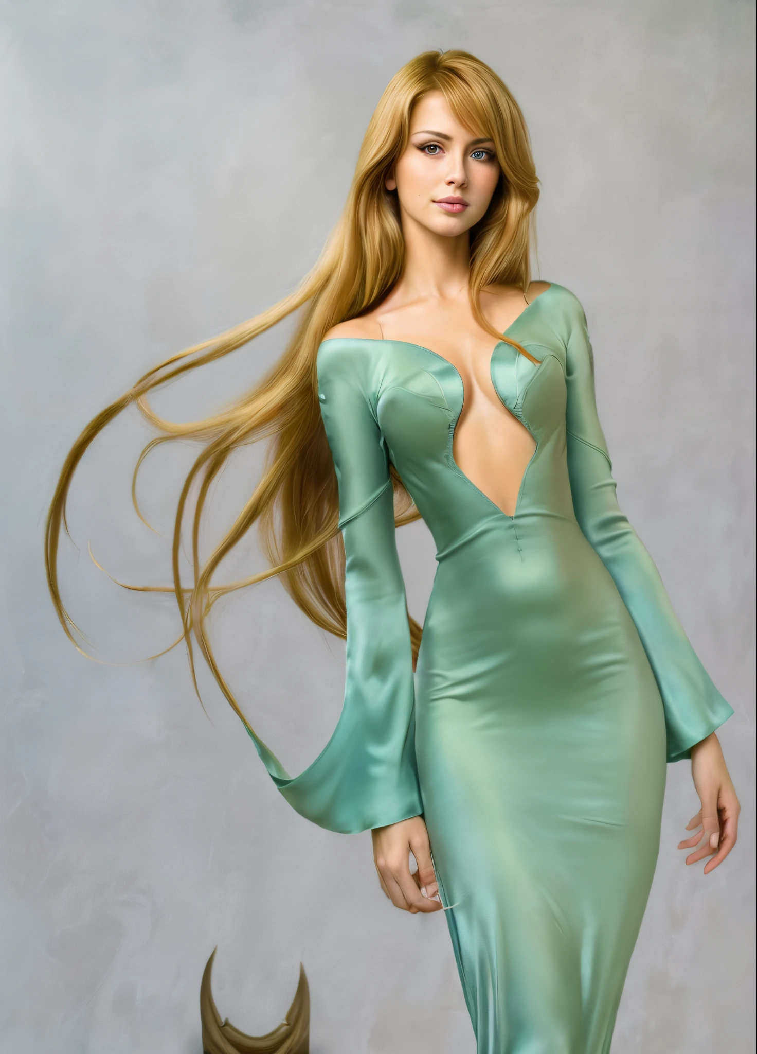 (masutepiece, Best Quality: 1.4), in 8K,Raw photo,Real person,Photorealsitic, (full body Esbian:1.5), natural soft light, Glossy skin, Detailed skin, Detailed face, Blonde straight long hair with fine eyes, Perfect beautiful hands, Detailed fingers, beautiful long eyes, perfect dark brown eyes,long eyelashes are clearly visible、Eyebrows are parallel to the eyes、Not tilted、 Sadness look,Charming smile、In-depth background、BREAK、 Beautuful Women、Mature woman with  body, Medieval emperors、shuicolor、Dress made of high-quality silk-like fabric(Luxury dress with open shoulders, cleavage, and ribs)、is standing、 Background with(The color is all black）