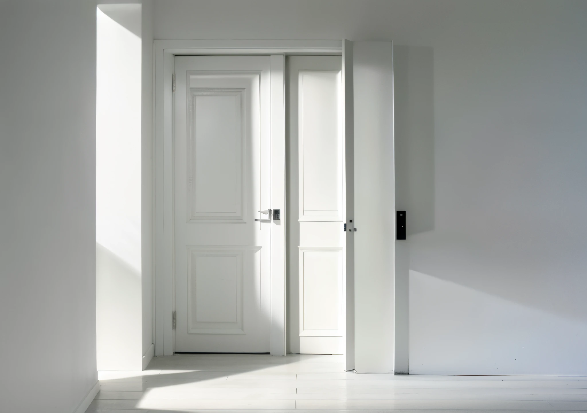Realistic, High resolution, There is a white door in a white room。