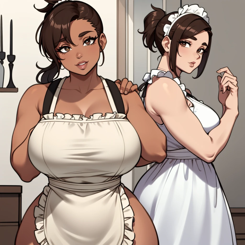A female with short brown haircut ponytail, wearing nothing but a short frilly apron, thicc, soio, sozinho, (soio)(sozinho), mostrando clivagem, virado para a frente, olhando para mim, Ansioso, mostrando barriga, na cozinha assando doces