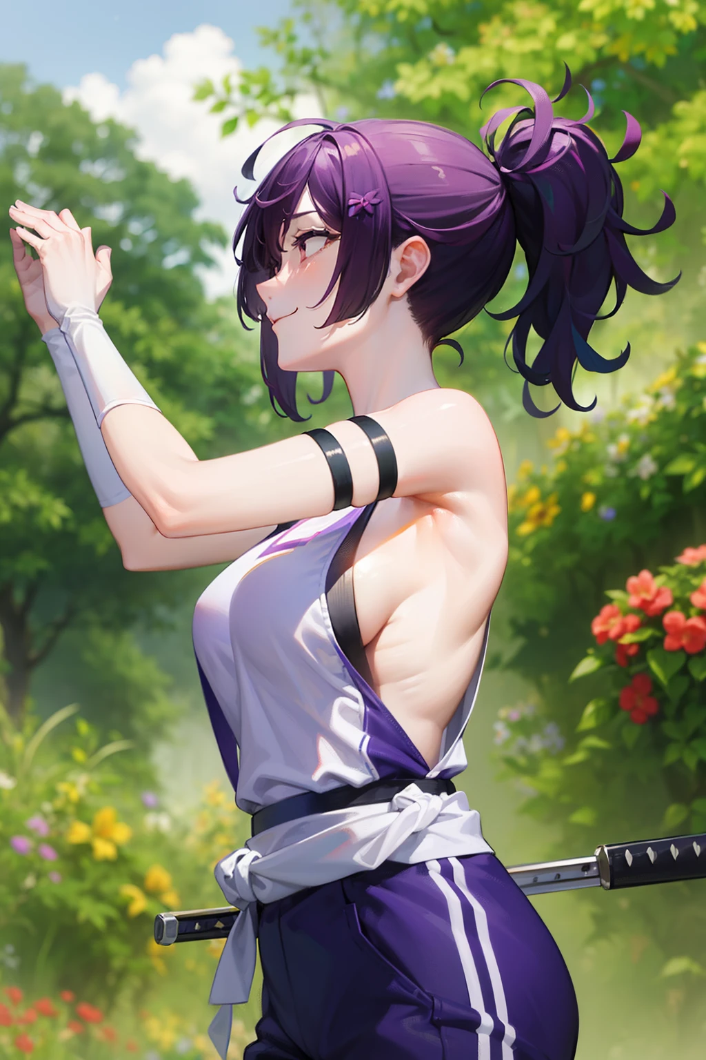 (Best quality:1.1), (tmasterpiece:1.2), sporty attire, 1 busty girl, yuzuriha_(earthly happiness), Purple colored hair, Brown eyes, ninjartist, Open your clothes, LOP, smallunderboob, Top knot, Medium hair, breasts parted, white sash, Perverted giggle, Outdoor sports, (The face is red:1.1), blossom flower (First week of national security work.5)