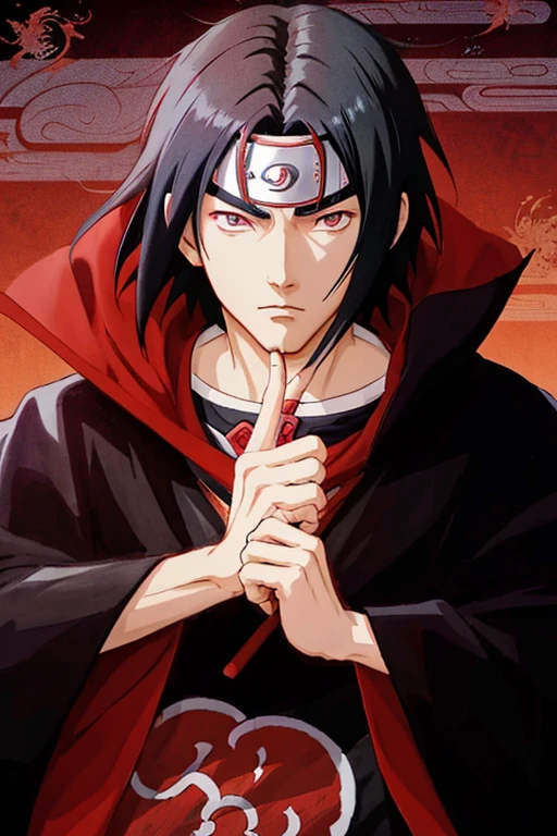 black hair color hair、Anime character in red cloak raising finger, uchiha itachi, Uchiha flooring, ferret, Uchiha sasuke, Bob, madara uchiha, From Naruto, Dragon King, with index finger, Kazuto Okada, style of anime&cite;, earth and stone, Inspired by Chen Jiru