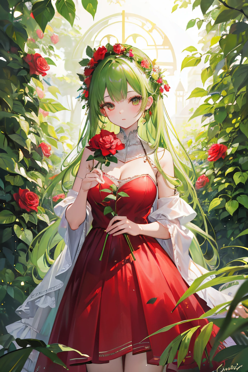 (best quality, ultra-detailed, highres, masterpiece:1.2), Plant Girl with Red Rose Dress, plant-covered body, magical environment, lush greenery, vibrant flowers.