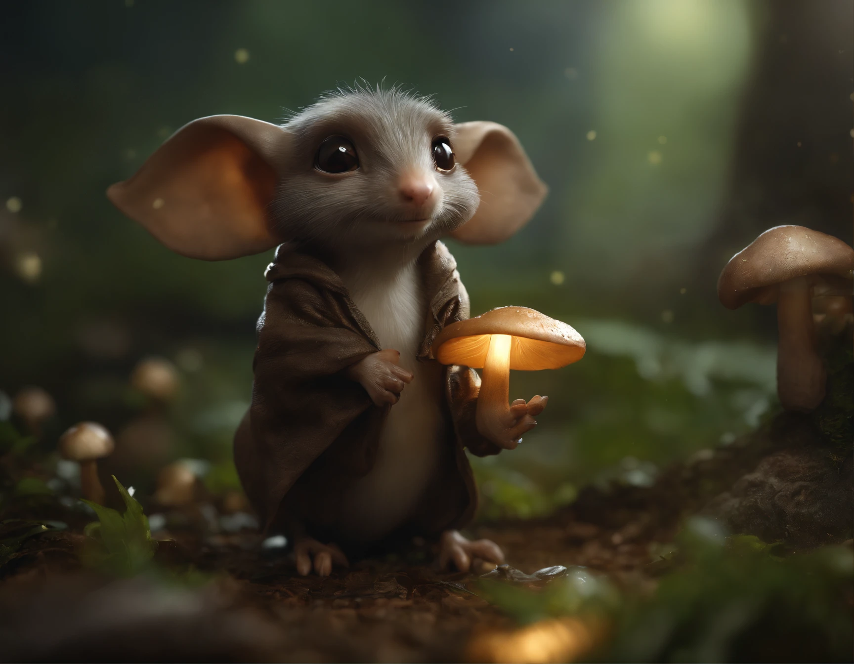 In the cave，Small male goblins are mole-like with large ears and an elongated snout., , 真实感, Realism, Close up of cute tiny fireflies around a huge oak tree, in the foreground collects bells, the buds glow, illuminate the bush, a detailed painting, cgsociety, Detailed painting, artstation hd, high detail, cgsociety, photo realism, Concept art, artstation hd, official arts, bokeh ,(CBZBB:1.25),trending artstation, Digital Art, Detailed, Realistic, humanoid, character, tiny, Cinematic shot, cinematic portrait of a mole     ,gremlin, mole-like, bright silver and brown, short tail, large ears, covered with silver fur, Dressed, in a brown rag raincoat, collects glowing mushrooms, Best Quality, Masterpiece, in style of dark fantasy art, gremlin, mole-like, dark fantasy style, Fairytale style, fantasy style.