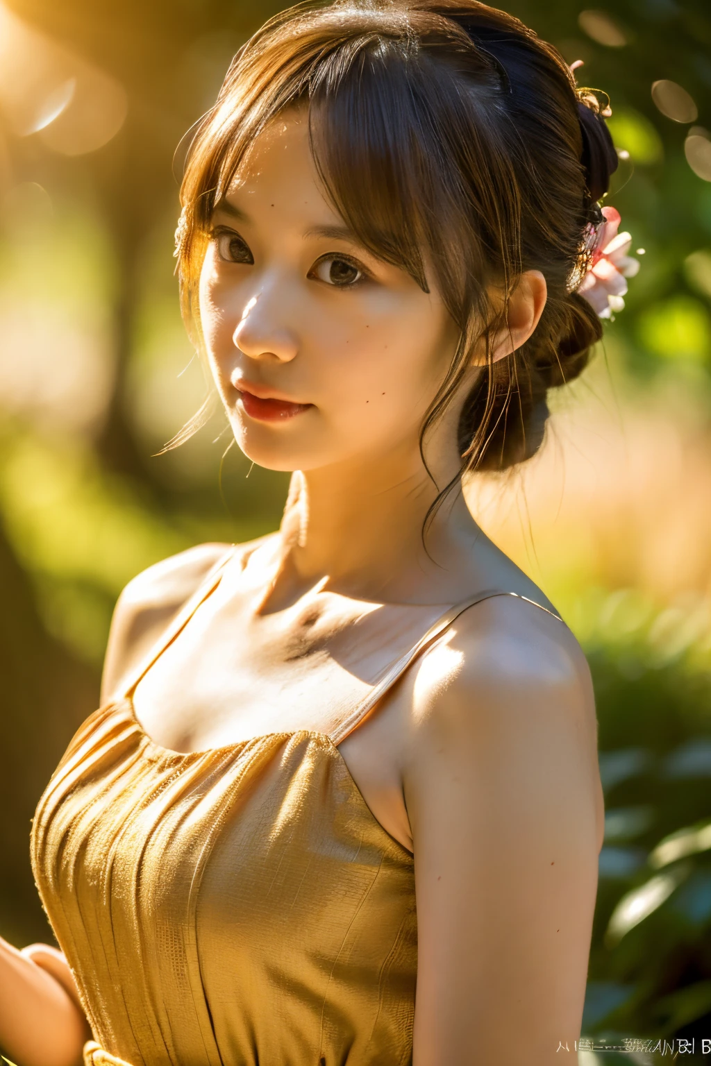 (dense woods: 1), the golden hour, Light brown eyes, 1 woman, Light clothing, (Photorealistic), (Complex Detail: 1.2), (masutepiece, :1.3), (of the highest quality: 1.4), (Ultra High Resolution: 1.2), (eye detailed ), (detailed facial features), Strong sunlight, 8K (Lens Flare: 0.7), (Lens Flare: 0.7), turned around,Feminine pose, Upper body, Tight waistline