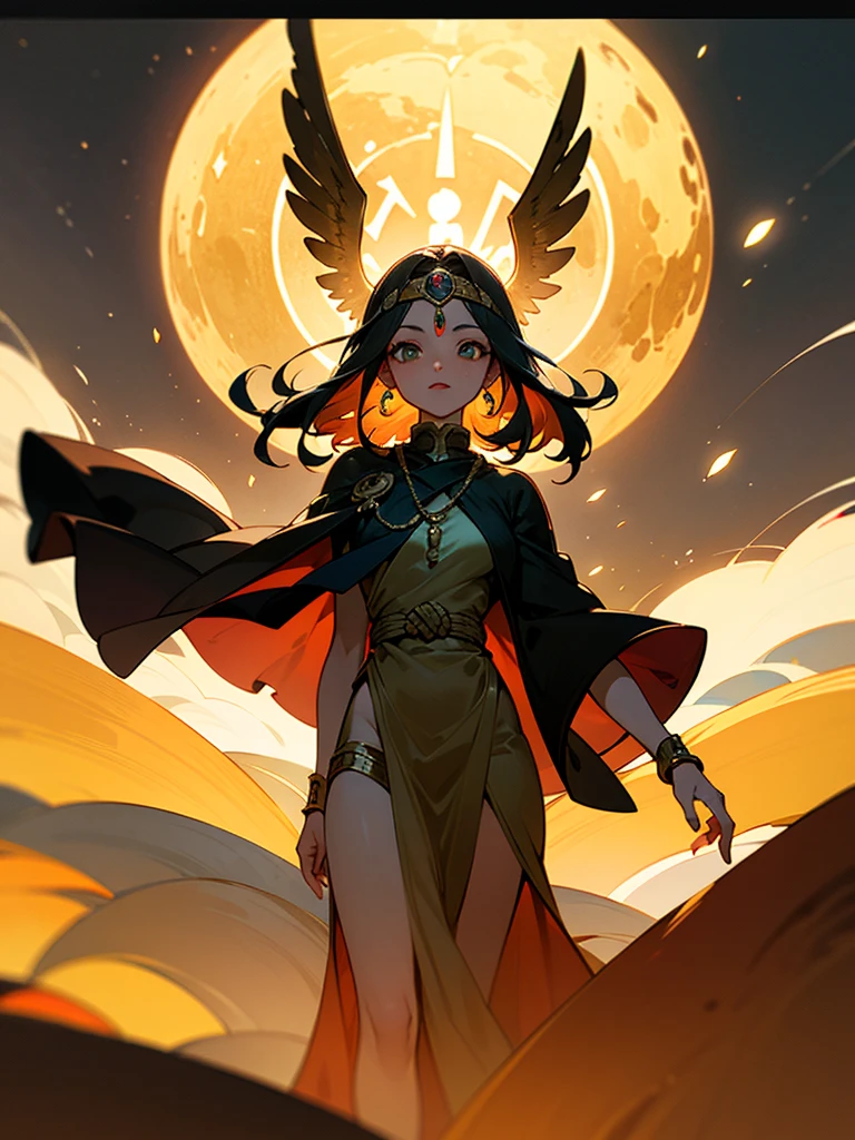 Gerar uma imagem de uma mulher de anime com pele bronzeada, wearing an elaborate Egyptian goddess outfit. Place her against a vast desert background. Descreva-a com preto, cabelos curtos e hipnotizantes, olhos azuis brilhantes. Make sure your arms and legs are adorned with intricate hieroglyphic tattoos. Acentue seu visual com joias de ouro opulentas, including a necklace with the Ankh symbol and a scarab amulet pendant.

Embody the environment of a desert sandstorm with sand particles swirling in the wind. Create a captivating scene with dramatic lighting that enhances character features. The background should show a celestial night sky with stars and a crescent moon, increasing the mystical atmosphere. Inclua um efeito de miragem no horizonte distante, cloaking the scene in an aura of mystery.

Para o deserto, Use uma paleta de cores quentes que realce as texturas da areia. Retrate a areia como varrida pelo vento e cintilante na luz, with an emphasis on grains and patterns. Apply HDR and UHD techniques to ensure the final image is a 4K masterpiece with sharp focus and exceptional detail. Implemente a profundidade de campo para manter o personagem em foco, preservando os detalhes da textura, particularly on the lips.

Enhance the image with the presence of magical auras around the character, a soft focus for an ethereal touch, and subtle particle effects to add to the mystical ambiance. finalmente, Certifique-se de que o personagem adote uma postura real com olhos amendoados, and rotate your gaze to face the camera directly, establishing a strong connection with the viewer.

The desired result is a breathtaking work of art, characterized by beautiful lighting and a seductive sense of wonder."