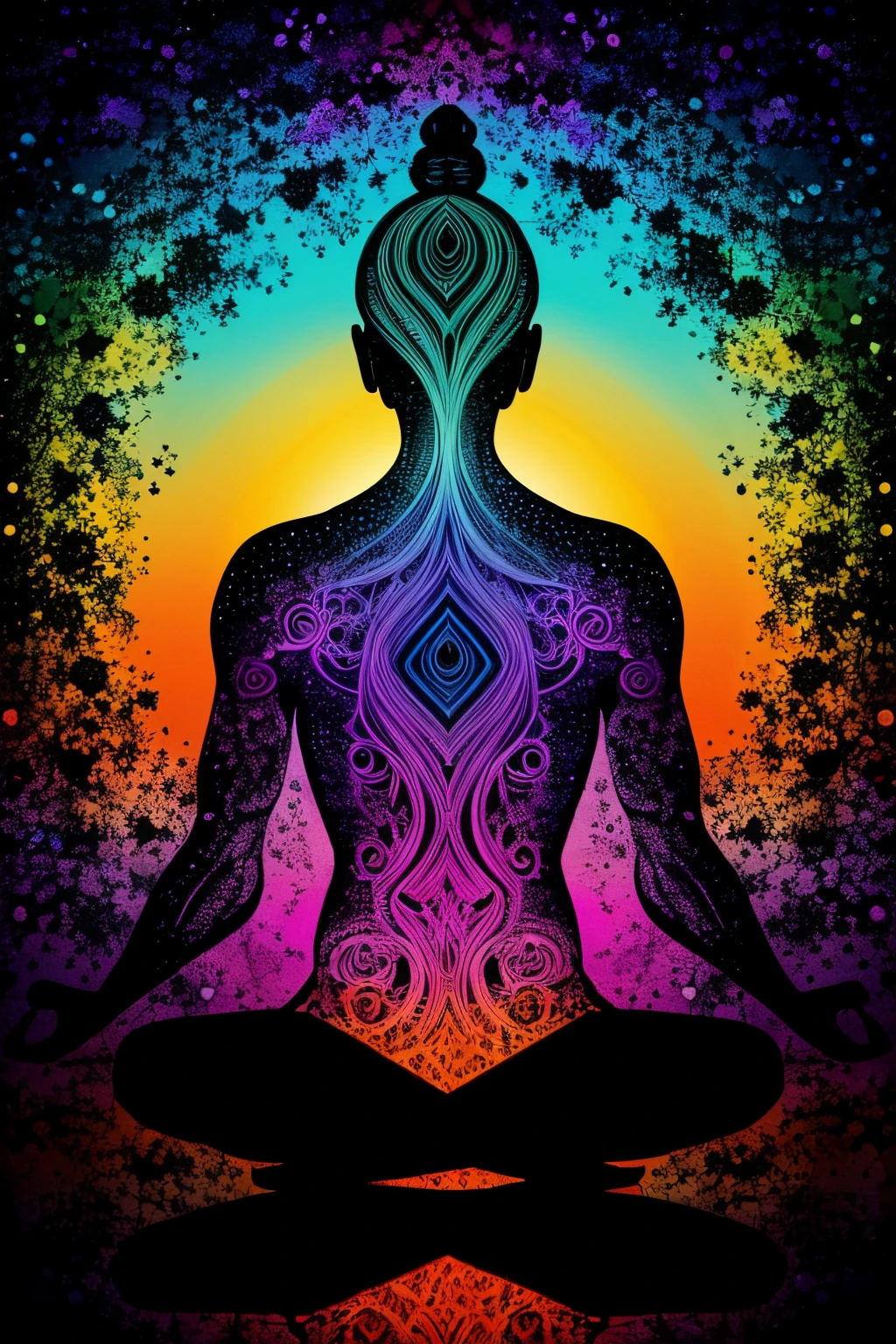 Abstract representation of a human soul silhouette meditating, highly detailed, vibrant colours