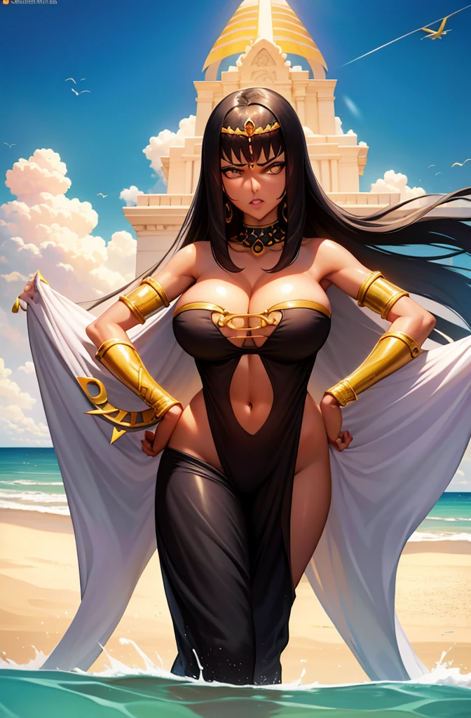 Lenda da Rainha Opala, 1girl, Osira (character), cabelos pretos, Egyptian skin, olhos amarelos, franja contundente, seios grandes, black strapless form-fitting bra, fio dental preto, wide transparent harem pants, irritated expression, na praia perto do deserto, virou