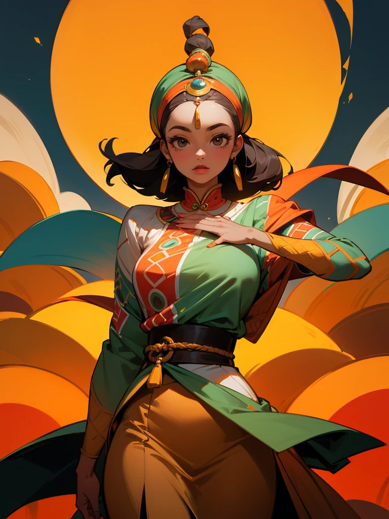 Best quality,masterpiece,ultra high res,(photorealistic:1.4) 1girl,orange thong, weapon,sword,long hair,black hair,ponytail,pointy ears,dark skin,large breasts,white background,solo,blood,arm guards,night desert background,blood on weapon,looking at viewer,blue eyes,tabi,floating hairfull body,red, orange, yellow, upper body, uchikake (wedding kimono),arms up,
