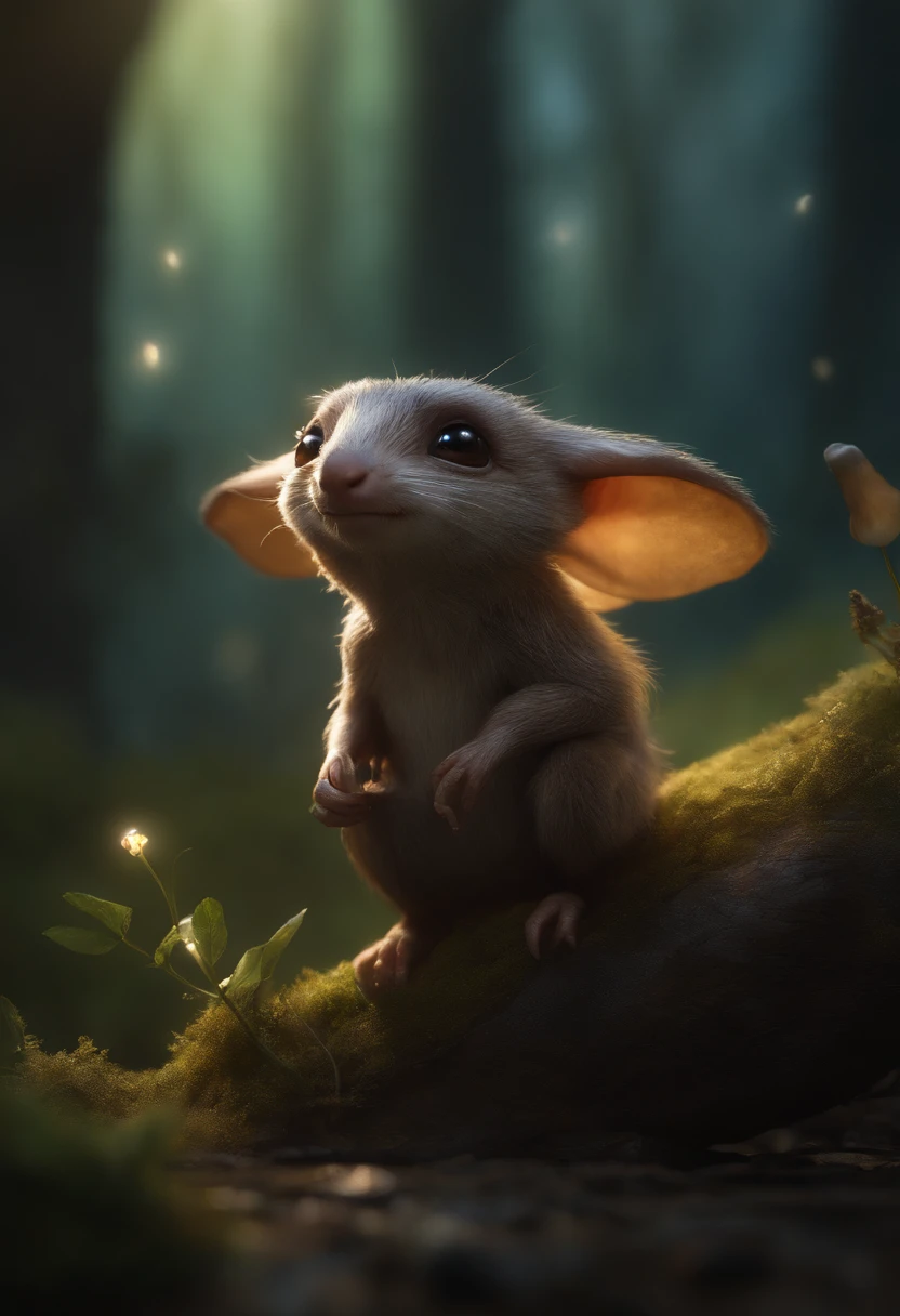 In the cave,Small male goblins are mole-like with large ears and an elongated snout., , 真实感, Realism, Close up of cute tiny fireflies around a huge oak tree, in the foreground collects bells, the buds glow, illuminate the bush, a detailed painting, cgsociety, Detailed painting, artstation hd, high detail, cgsociety, photo realism, Concept art, artstation hd, official arts, bokeh ,(CBZBB:1.25),trending artstation, Digital Art, Detailed, Realistic, humanoid, character, tiny, Cinematic shot, cinematic portrait of a mole ,gremlin, mole-like, bright silver and brown, short tail, large ears, covered with silver fur, Dressed, in a brown rag raincoat, collects glowing mushrooms, Best Quality, Masterpiece, in style of dark fantasy art, gremlin, mole-like, dark fantasy style, Fairytale style, fantasy style.
