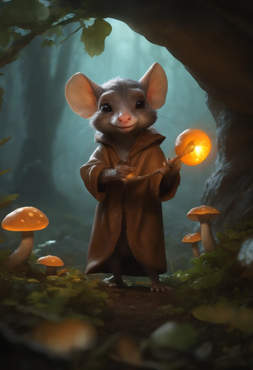 In the cave，Small male goblins are mole-like with large ears and an elongated snout., , 真实感, Realism, Close up of cute tiny fireflies around a huge oak tree, in the foreground collects bells, the buds glow, illuminate the bush, a detailed painting, cgsociety, Detailed painting, artstation hd, high detail, cgsociety, photo realism, Concept art, artstation hd, official arts, bokeh ,(CBZBB:1.25),trending artstation, Digital Art, Detailed, Realistic, humanoid, character, tiny, Cinematic shot, cinematic portrait of a mole ,gremlin, mole-like, bright silver and brown, short tail, large ears, covered with silver fur, Dressed, in a brown rag raincoat, collects glowing mushrooms, Best Quality, Masterpiece, in style of dark fantasy art, gremlin, mole-like, dark fantasy style, Fairytale style, fantasy style.