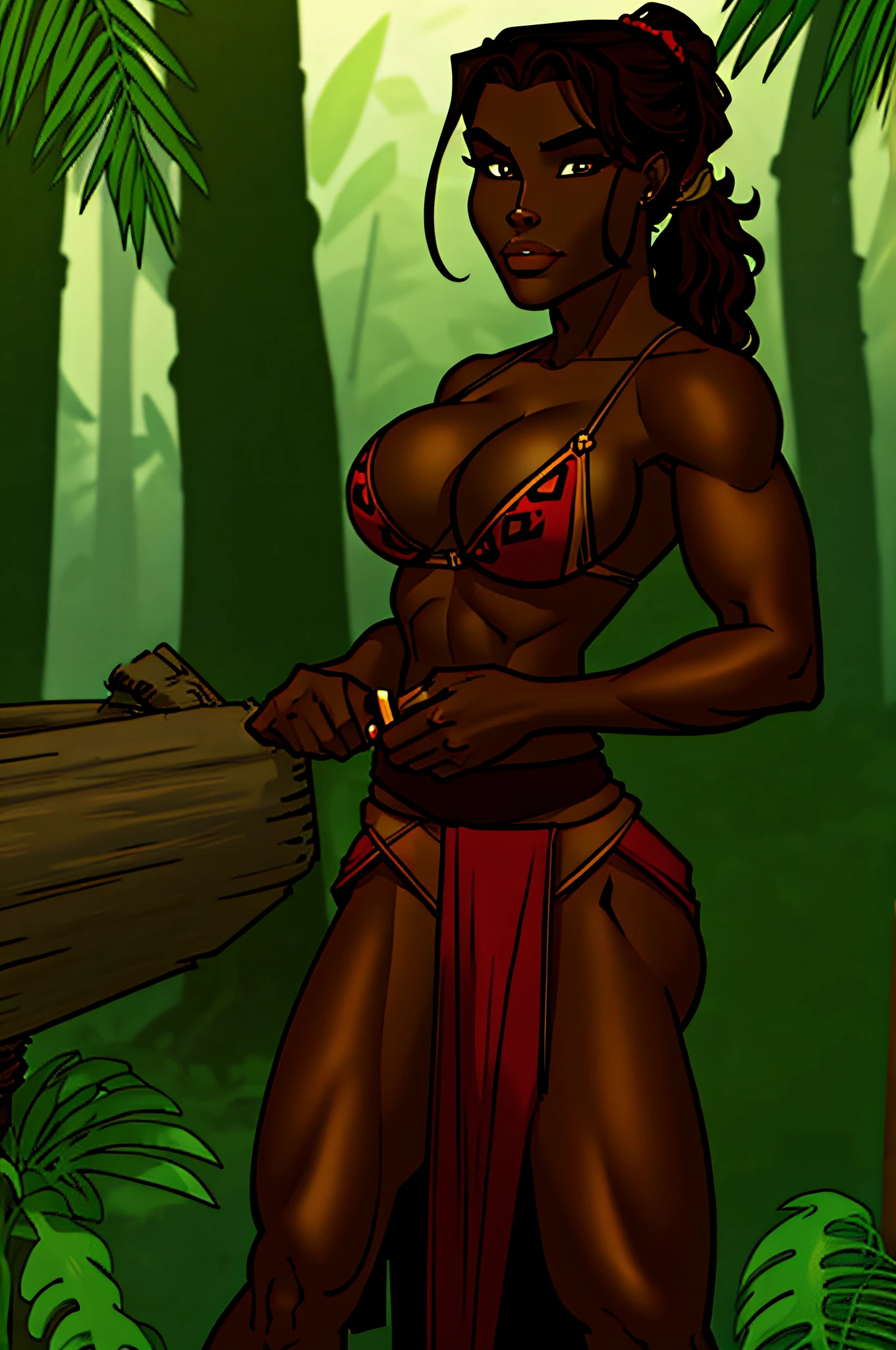 masterpiece, female, elegant face, dark wavy ponytail, dark tan, brown eyes, red tribal loincloth, jungle