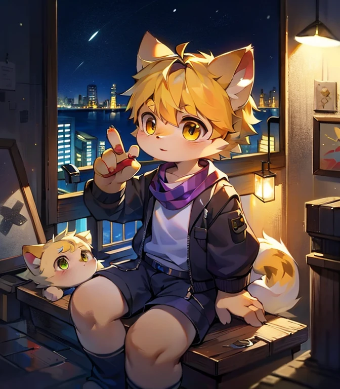 Highest image quality，Delicate painting style，Delicate hook lines，tmasterpiece，Delicate skin，Delicate hair，delicate hand，Elaborate Eyes，Normal eyes，Black and gold cat ears，shaggy，blond eyes，Handsome，（（purple scarf）），Cat style，shota，cyber punk perssonage, Golden pupils, city night scene, , Mottled light and shadow, schoolboy，shota，There are God&#39;s bright eyes，White fur，black gold jacket，独奏，the only person