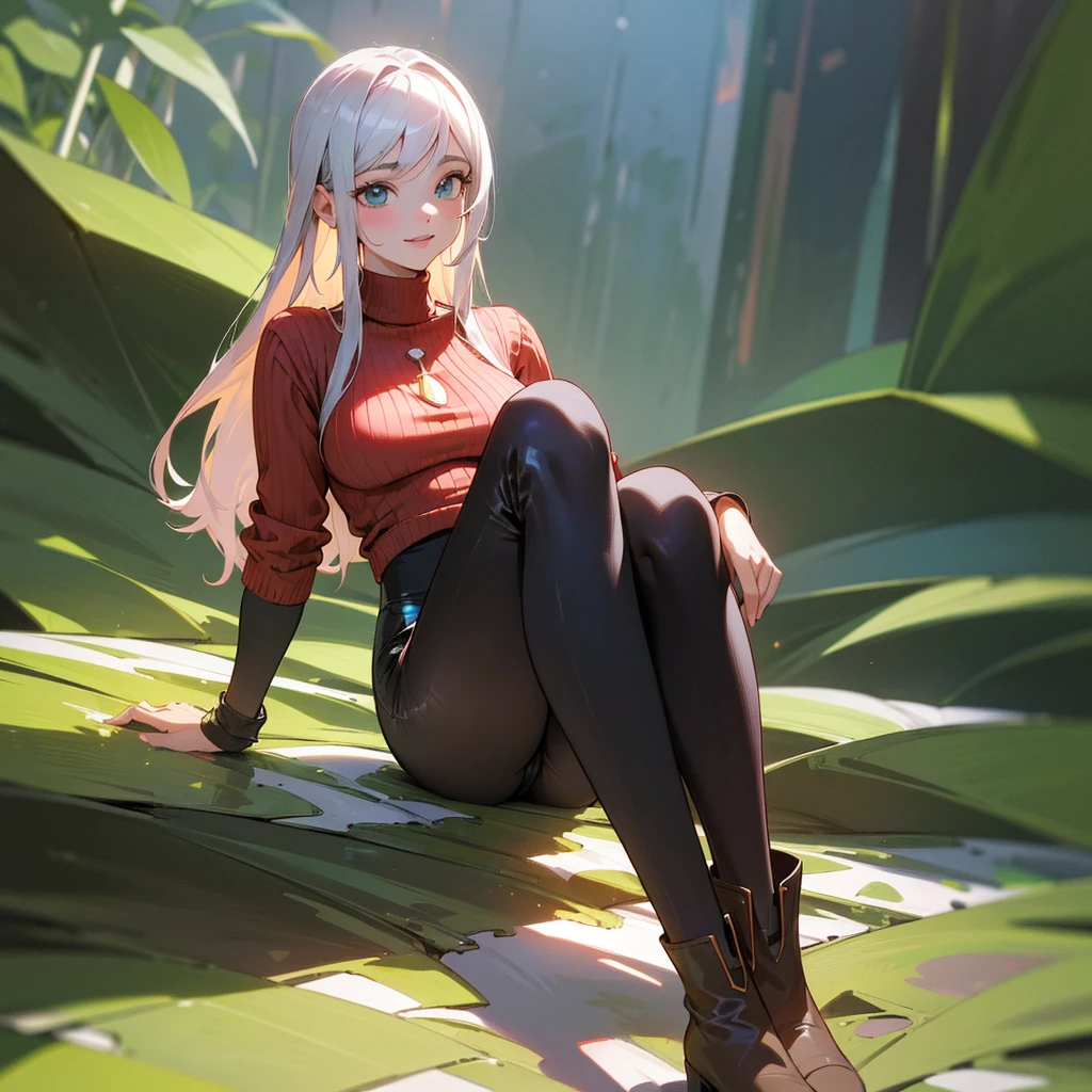 (alta qualidade, high resolution, ultra-detalhado, Realistic:1.37), ambiente tranquilo, (Ao ar livre, Jardim), Adolescente sozinha, (My breasts are big.), belos recursos detalhados, sorriso bonito, (cabelo preto bob), ribbed sweater, saia xadrez azul, black tights, Botas marrons.