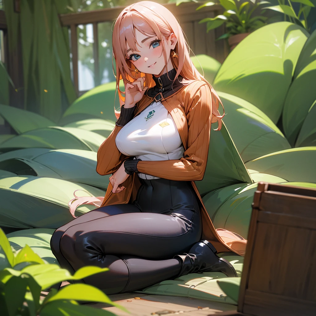 (alta qualidade, high resolution, ultra-detalhado, Realistic:1.37), ambiente tranquilo, (Ao ar livre, Jardim), Adolescente sozinha, (My breasts are big.), belos recursos detalhados, sorriso bonito, (cabelo preto bob), ribbed sweater, saia xadrez azul, black tights, Botas marrons.