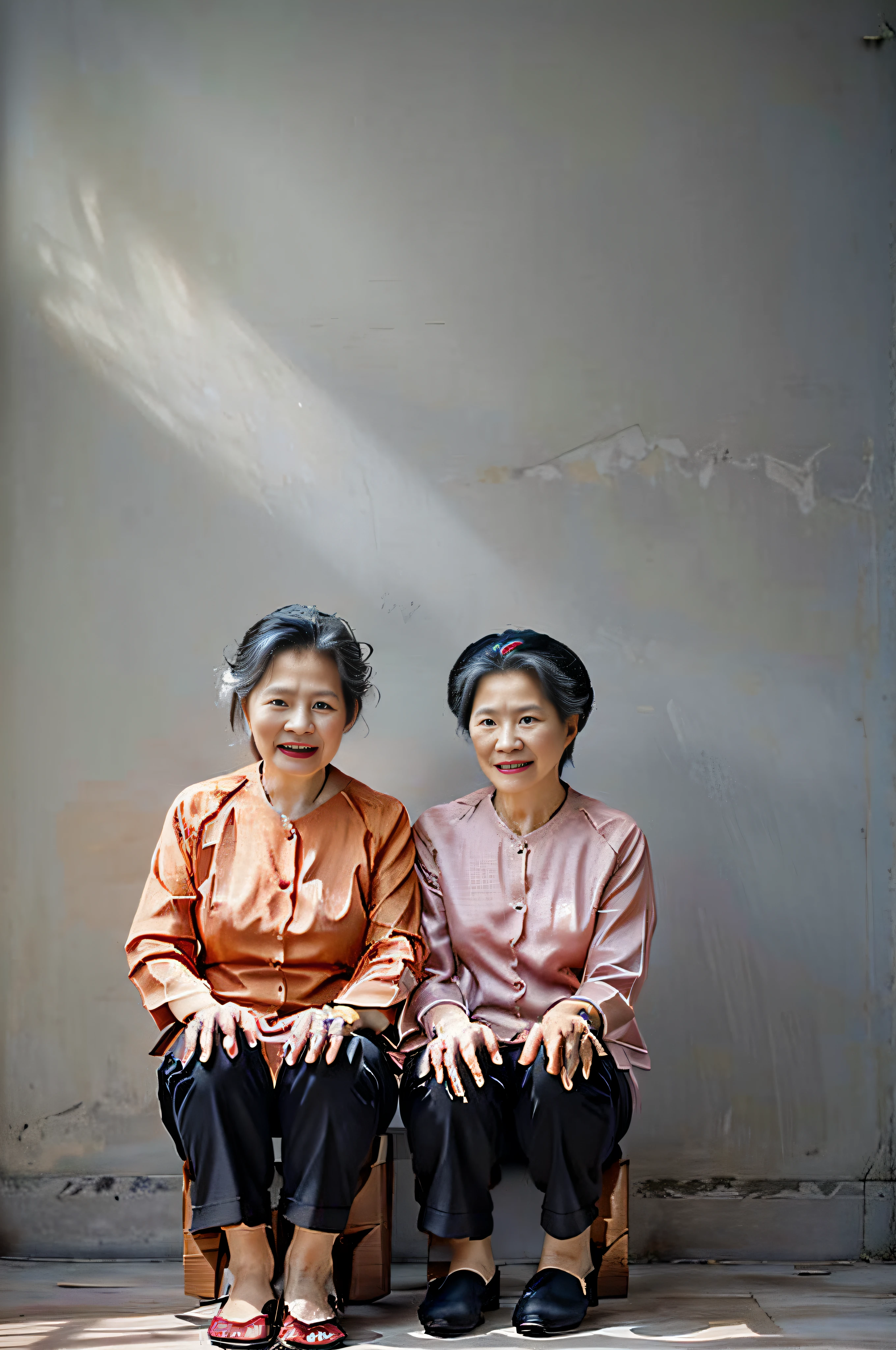 ((masterpiece), (best quality), (raw photo), (photorealistic:1.4), Highly realistic photo, Portrait of 2 people 75 years old Vietnamese old women, ((baba vietnames nude colour shirt)) (black trousers), ((gray hair)), The light from above shines down, dark blue background, photo taken in 1975 by Fujifilm XT3