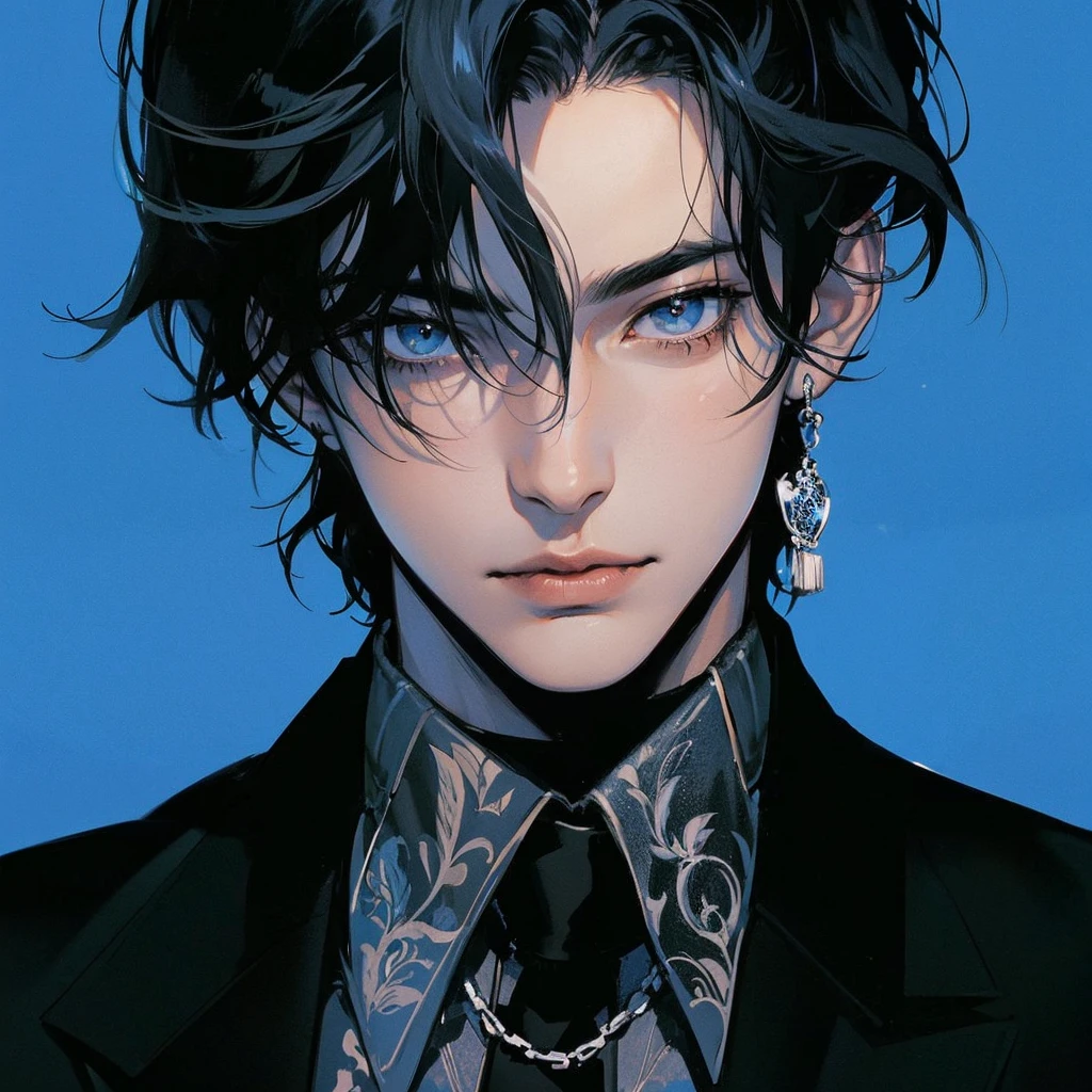 詳細な目,detailed black hair,detailed back ground,Black effect,Handsome man detailed drawing,年轻,A cool,short detailed hair,tiese