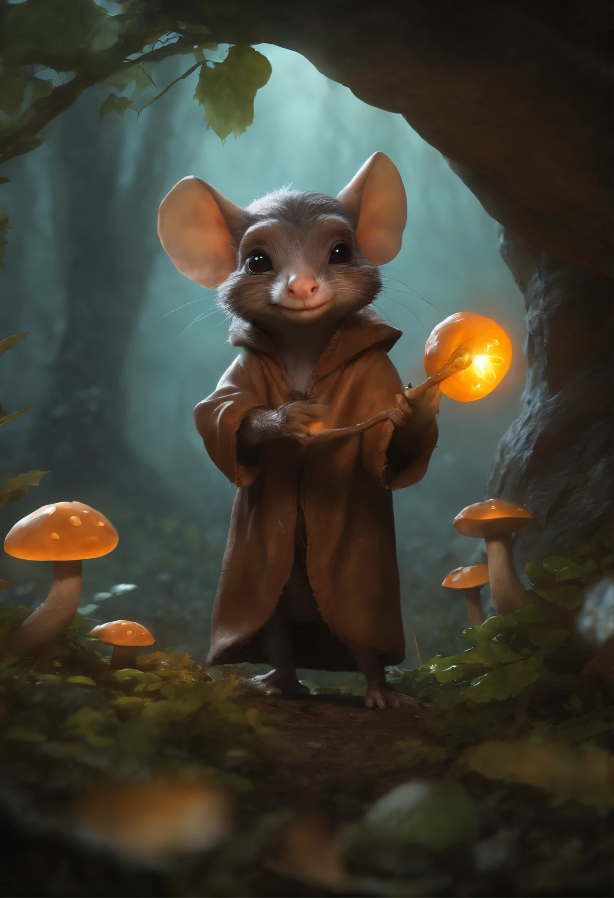In the cave,Small male goblins are mole-like with large ears and an elongated snout., , 真实感, Realism, Close up of cute tiny fireflies around a huge oak tree, in the foreground collects bells, the buds glow, illuminate the bush, a detailed painting, cgsociety, Detailed painting, artstation hd, high detail, cgsociety, photo realism, Concept art, artstation hd, official arts, bokeh ,(CBZBB:1.25),trending artstation, Digital Art, Detailed, Realistic, humanoid, character, tiny, Cinematic shot, cinematic portrait of a mole ,gremlin, mole-like, bright silver and brown, short tail, large ears, covered with silver fur, Dressed, in a brown rag raincoat, collects glowing mushrooms, Best Quality, Masterpiece, in style of dark fantasy art, gremlin, mole-like, dark fantasy style, Fairytale style, fantasy style.