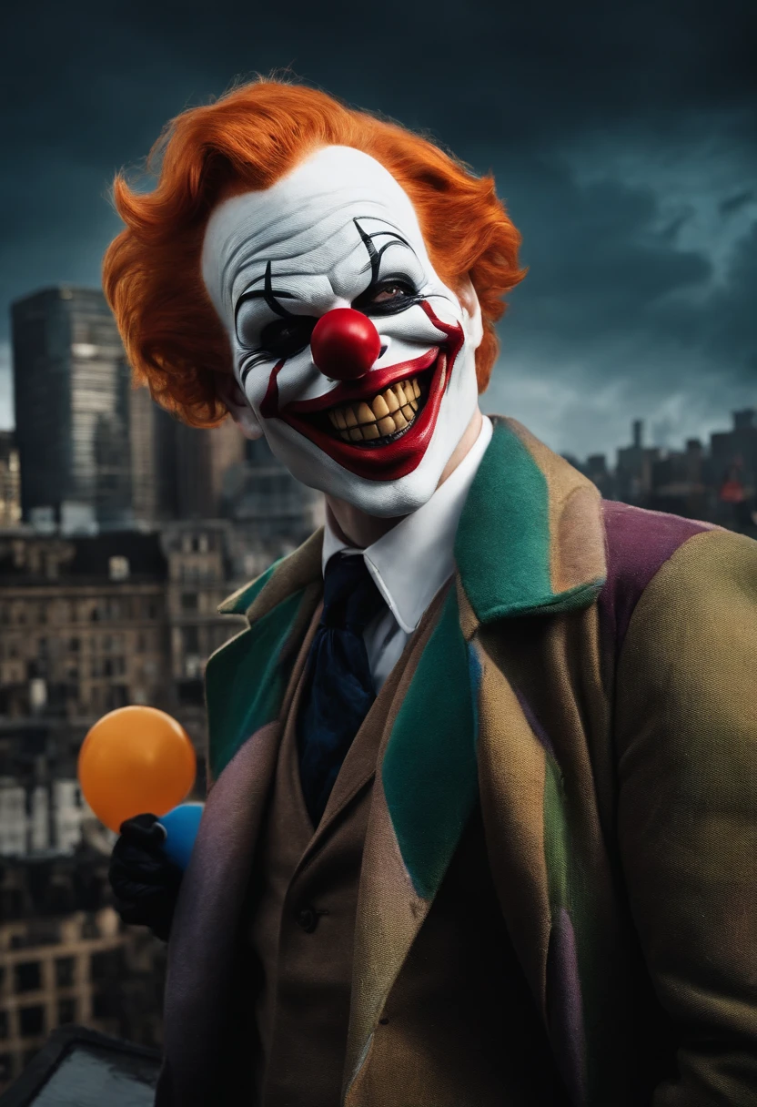 The image is of Jerome standing on the edge of a rooftop, holding a colorful, distorted clown mask and grinning maniacally at the camera.,Gotham TV series,Jerome is tall, pale, has short ginger hair, famously portrayed by Cameron Monaghan, male