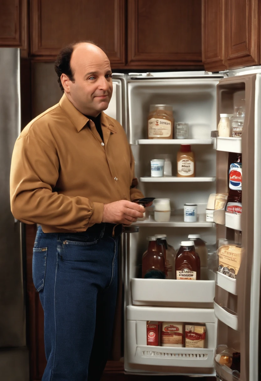 An image of George nervously checking the expiration date on a carton of milk in his refrigerator,Seinfeld TV Show,George Costanza, a fictional character from the television sitcom “Seinfeld,” is portrayed by actor Jason Alexander. He is characterized by his short, stocky frame, balding head, and typically dressed in simple, casual clothing like jeans and a collared shirt. , male