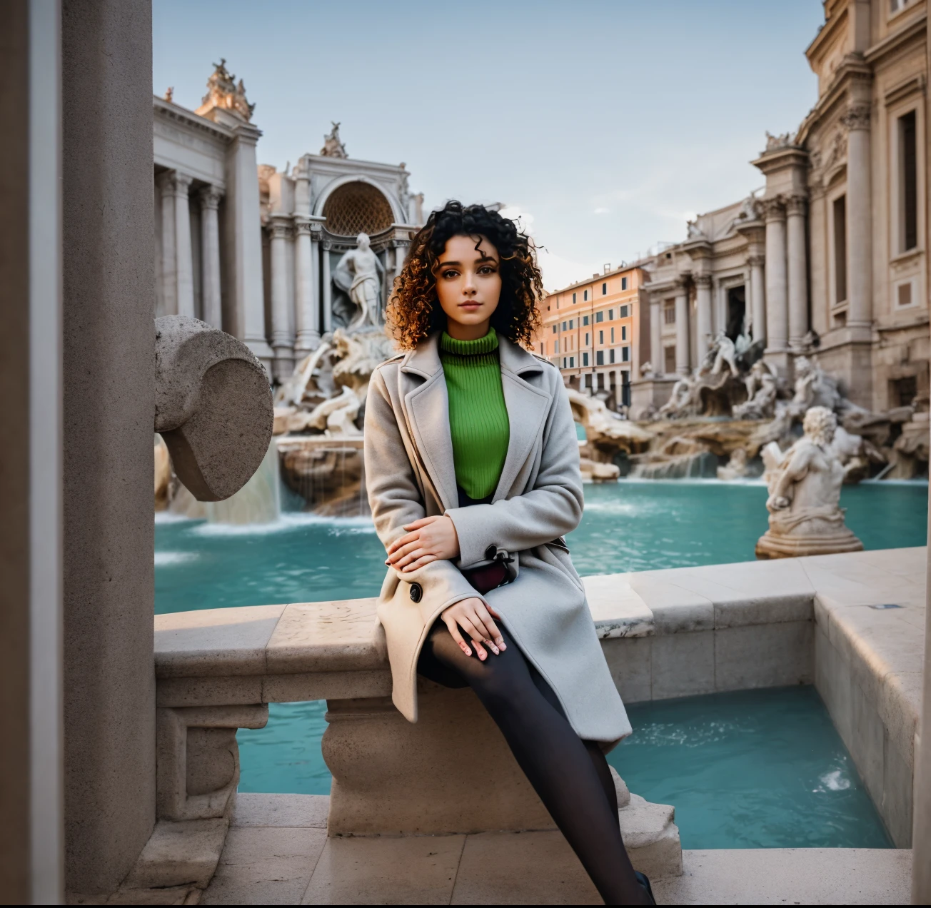 a woman sitting on a ledge in front of a fountain, wearing a turtleneck and jacket, sophisticated young woman, curly haired, style blend of the vatican, attractive girl, a cute young woman, gorgeous female, infp young woman, standing in a city center, attractive woman, beautiful city black woman only, cute young woman, perfectly centered portrait, Di Trevi fountain behind her, Rome.