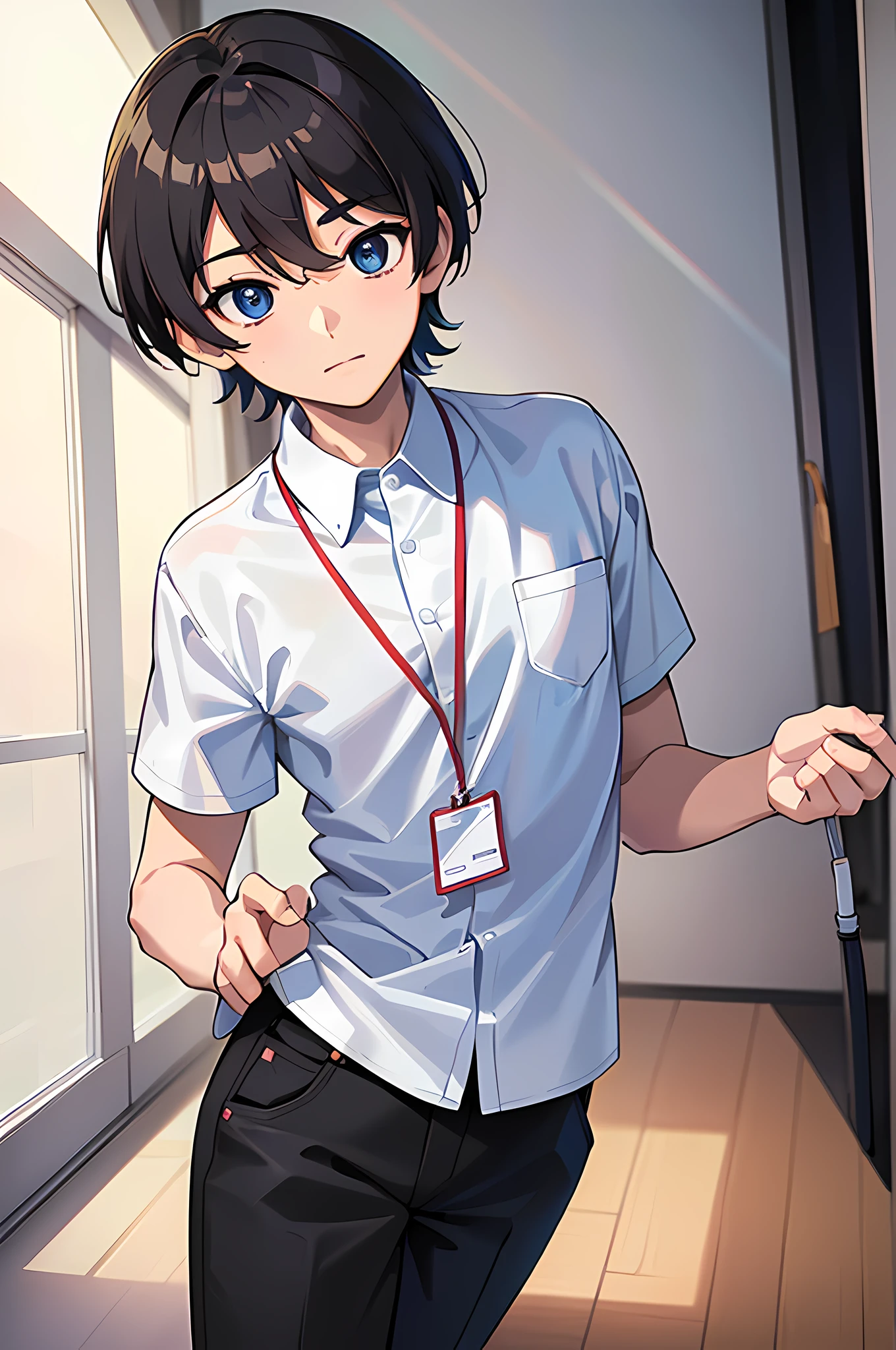 ((best quality)), ((masterpiece)), 1man, solo, teenage male, , happy, solo, anime face, (anime:1.2), (detailed eye:1.5), clear eyes, quality eyes, (Untucked Shirt:1.5), student, white shirt (plain white), short sleeves, long black pants, ((wearing lanyard, (lanyard:1.1)), standing, classroom, school, anime, line art anime