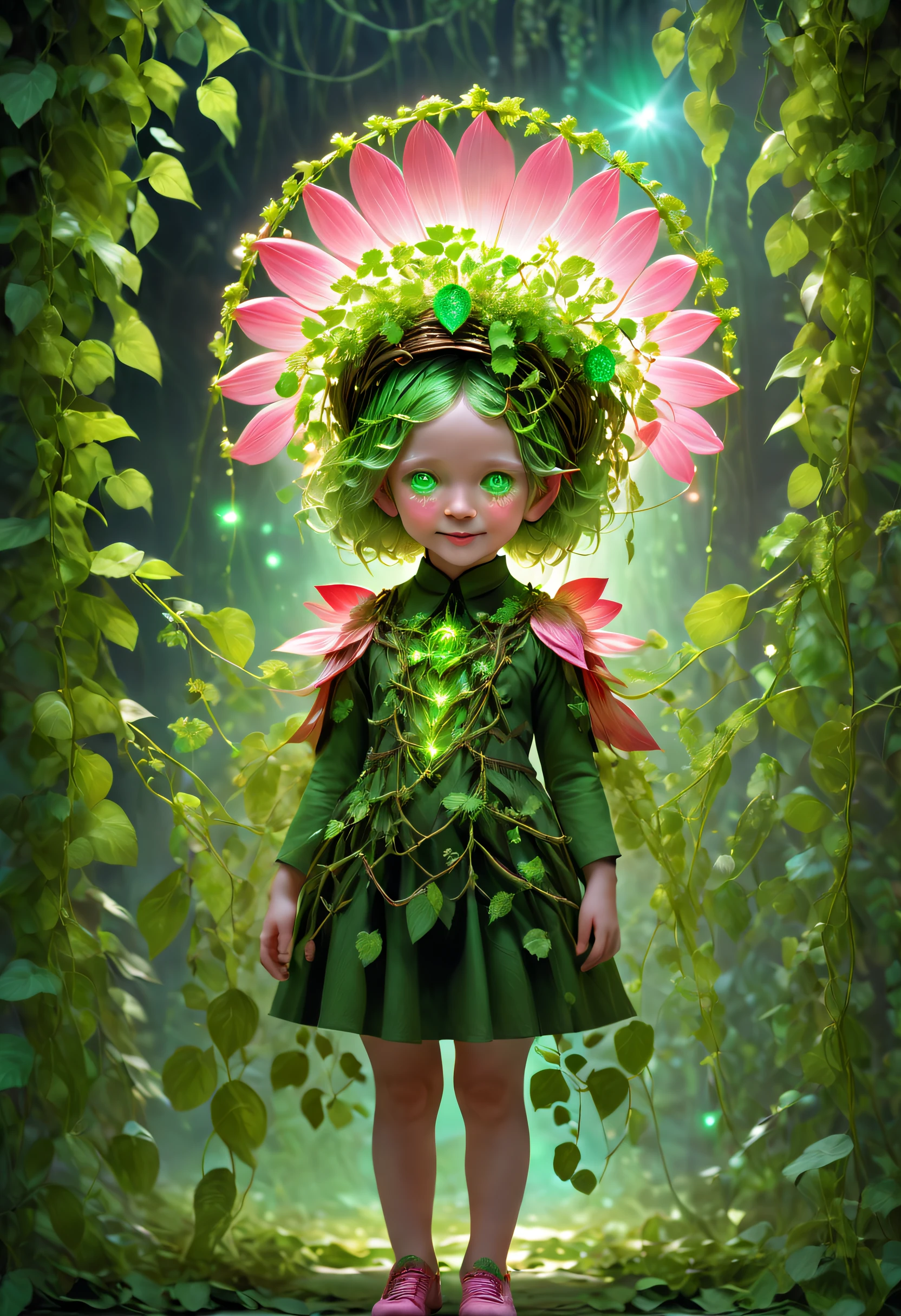 Fragmentation [green color：in pink： 0.5] The subject, （（（gradient backgrounds： 1.1））），in a panoramic view, （（（Full body lesbian）））, Best quality, tmasterpiece, 超高分辨率, (真实感:1.4), hoang lap, Cinema lights, (Cute girls)，（Anatomical correct），（（Vine and flower shaped headdress）），（（Glowing light）），green bob short hair，green-eyed， ssmile，Exquisite plant headdress，（Decoration of botanical patterns on clothes），（（Green rattan shoes）），（（（head straight-looking at viewer）））， extremelydetailedface，ultra-realistic realism，Complex design，The is very detailed，exquisite detailing， HighDynamicRange（HighDynamicRange）， ray traycing，proporções perfeitas，depth of fields