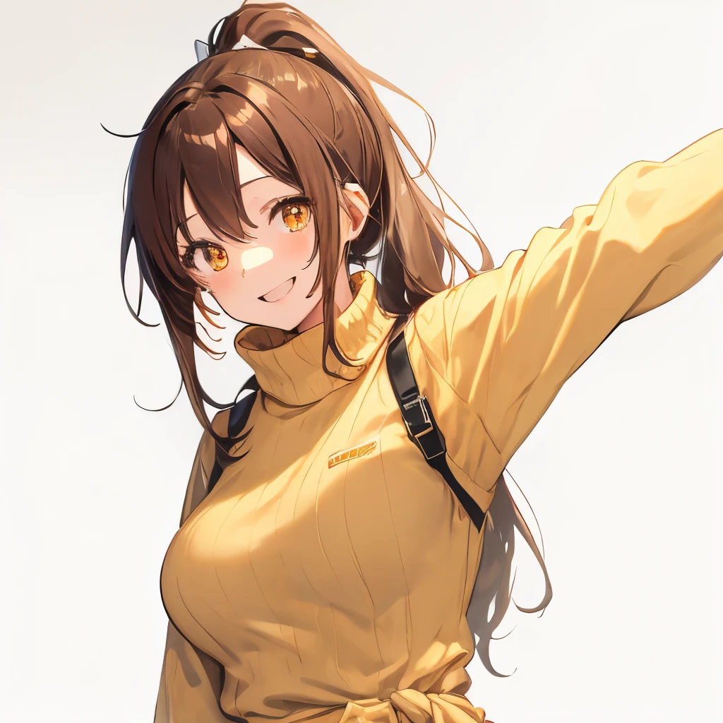 【Highest Quality, masutepiece】 [girl, Manteau, expressioness,deep orange eyes, front facing,dark brown hair,long ponytail hair,yellow knit cloth, Upper body] (Gray white background:1.2),very happy smile,boobs,