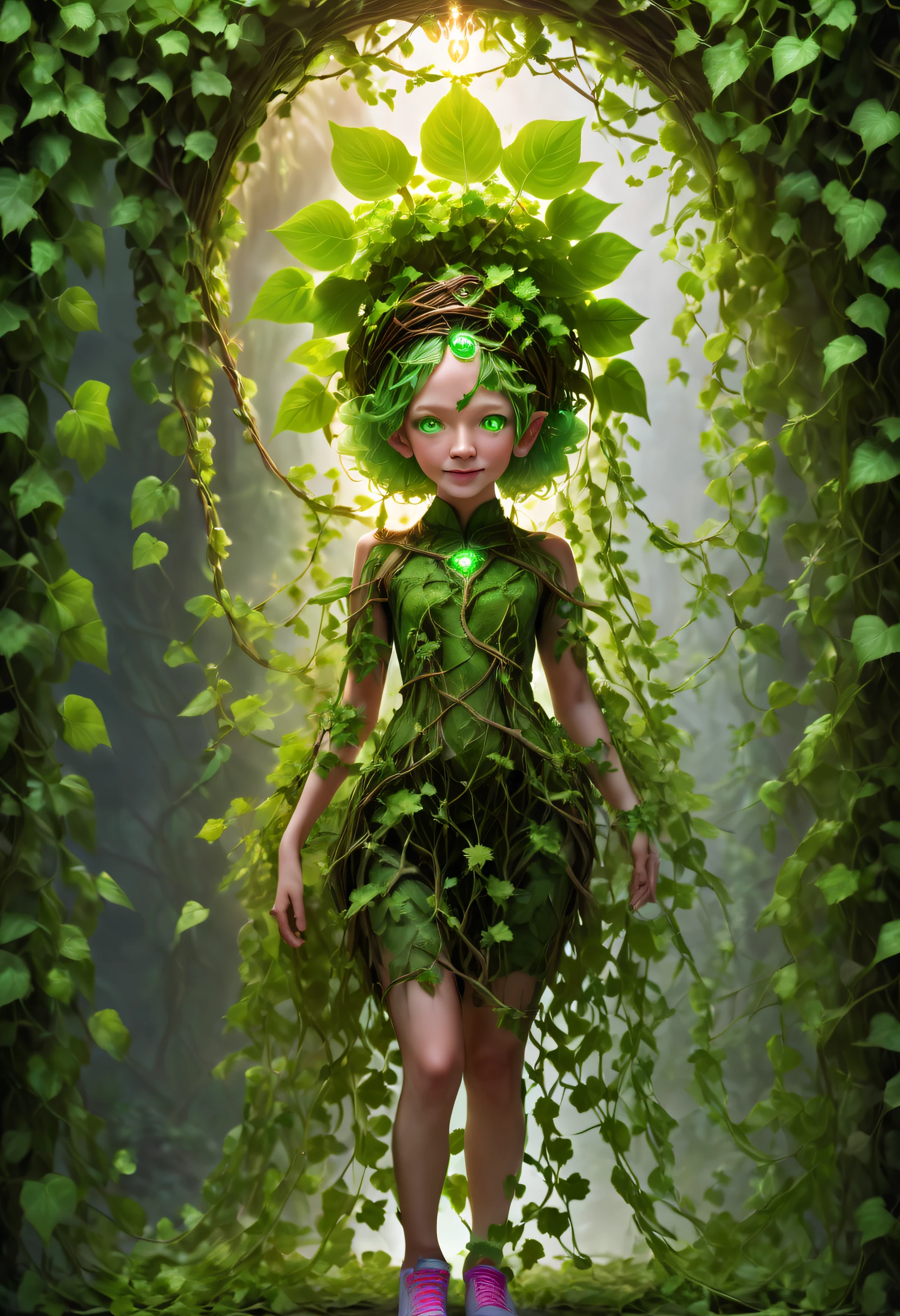 Fragmentation [green color：in pink： 0.5] The subject, (((gradient backgrounds: 1.1)))，in a panoramic view, (((Full body shot))), Best quality, tmasterpiece, 超高分辨率, (真实感:1.4), hoang lap, Cinema lights, (Cute  s)，(Anatomical correct)，((Vine and flower shaped headdress))，((Glowing light))，green bob short hair，green-eyed， ssmile，(((arms wrapped in vines)))，(Decoration of botanical patterns on clothes)，(((Wearing shoes made of green vines)))，(((head straight-looking at viewer)))， extremelydetailedface，ultra-realistic realism，Complex design，The is very detailed，exquisite detailing， HighDynamicRange（HighDynamicRange）， ray traycing，proporções perfeitas，depth of fields