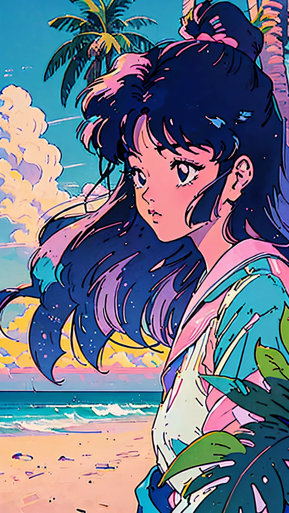 (((Hiroshi Nagai))),Faraway view,shores,Palm trees,Abstract,Resort,muted pastel colors,Soft Pictures,retro anime, 1990s anime, 1980s anime, retro anime,Retro anime style,masutepiece, Best Quality, Old School Anime, Beautiful anime