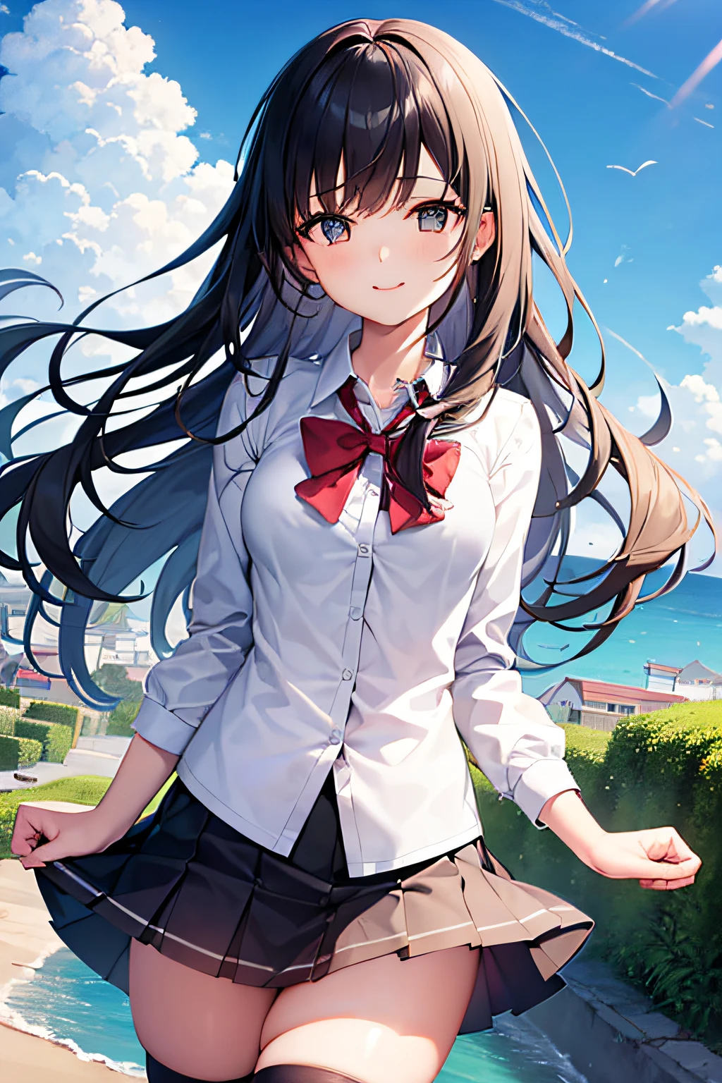 A very cute and beautiful high school girl looking at the sea on the hill,(very detailed beautiful face and eyes:1.2),(Smile), (Mini skirt),mid-shot,zettai ryouiki,Black hair,Beautiful legs,Dynamic Pose,Dynamic Angle, (Looking at the sea,From the top of the hill),1 house with a red roof,Detailed landscapes, (Best Quality,masutepiece:1.2),Intricate details,hight resolution,1 girl,Solo, Cinematic lighting,Hair fluttering in the wind,Beautiful detailed sky,