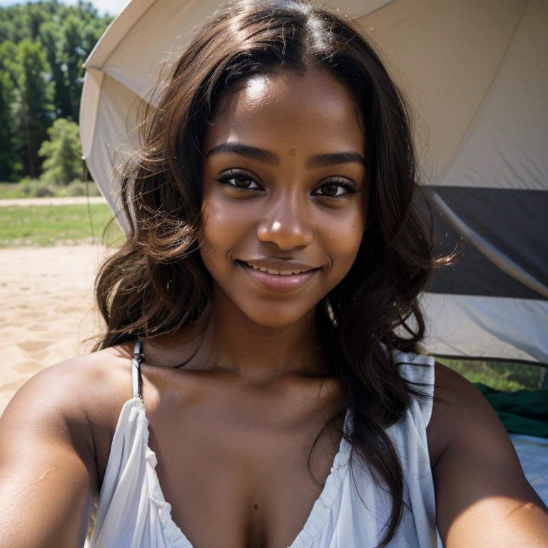Beautiful brown girl with breathtaking smile camping on cloudy day，She takes a selfie from the top，She's having（（detailed skin textures）），realistic skin textures，（（big brown eyes））and cute lips，Petite girl wearing glamping outfit