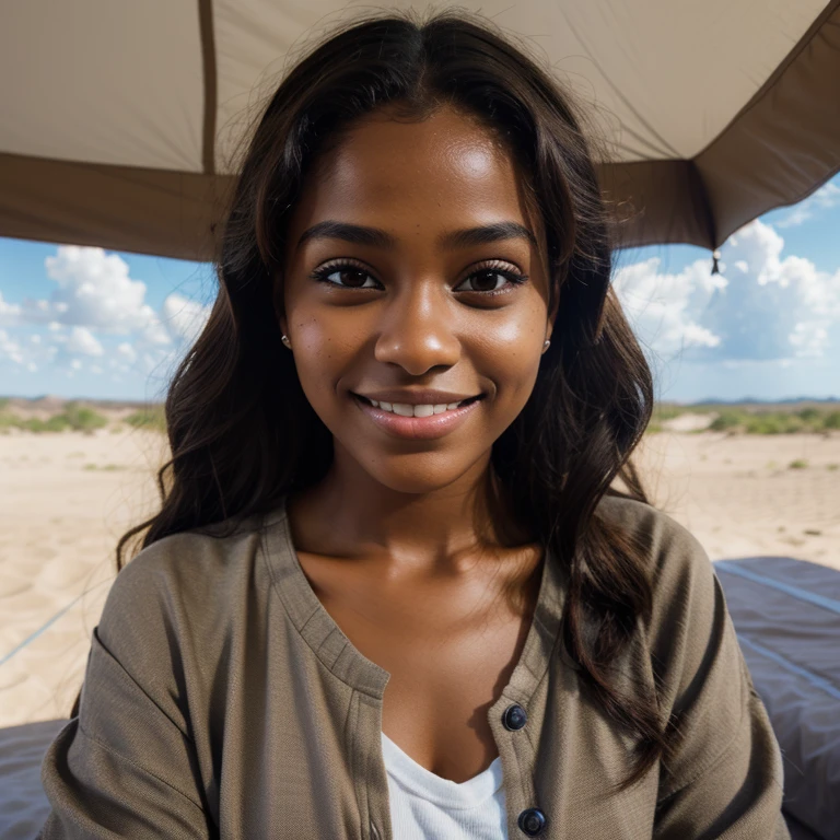 Beautiful brown girl with breathtaking smile camping on cloudy day，She takes a selfie from the top，She's having（（detailed skin textures）），realistic skin textures，（（big brown eyes））and cute lips，Petite girl wearing glamping outfit