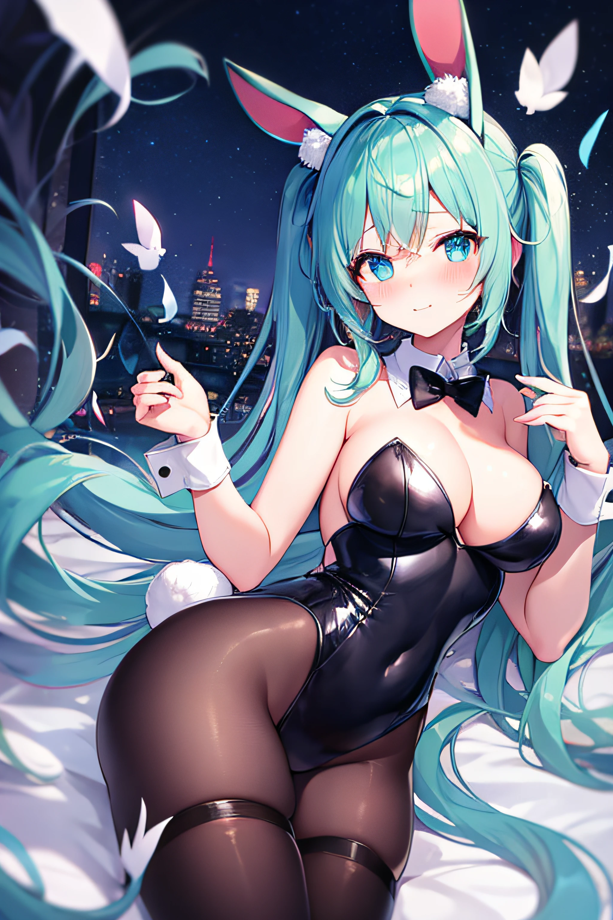 masterpiece、Top image quality、超A high resolution、miku hatsune、blue hairs、Twin-tailed、Blushing、Cute and shy、Bunny Girl Costume、Wearing a rabbit ear headgear、large firm breasts、well-shaped breasts、Black tights、Night