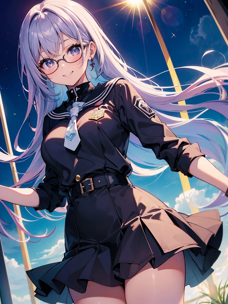((master part)), ((best quality)), (ultra-detalhado), ((kawaii)), (fofo), (Lovely), ((sexy)), (Foi), ((extremamente detalhado)), 4k, (8k), best quality, (Beautiful), illustration, estilo anime, Pintura, Dynamic angle, (cowboy shot:1.2), (girly masturbation:1.2), (aperto de peito), (de curinga:1.4), contorno pesado, Contornos claros, gradation, (foco de corpo inteiro), Sala de aula da escola, (Noite), menina bonito,1girl em, sozinho, Uniforme escolar, Cute random colored eyes, ((Olhos bonitos)), Pele levemente cor de trigo, random hair style, Glutes, (mama grande), dark rimmed glasses, (Sorriso:1.2), sorriso, (corar:1.5), efeito espumante, Reflexo da lente, brilhante-cintilante, Brilhando