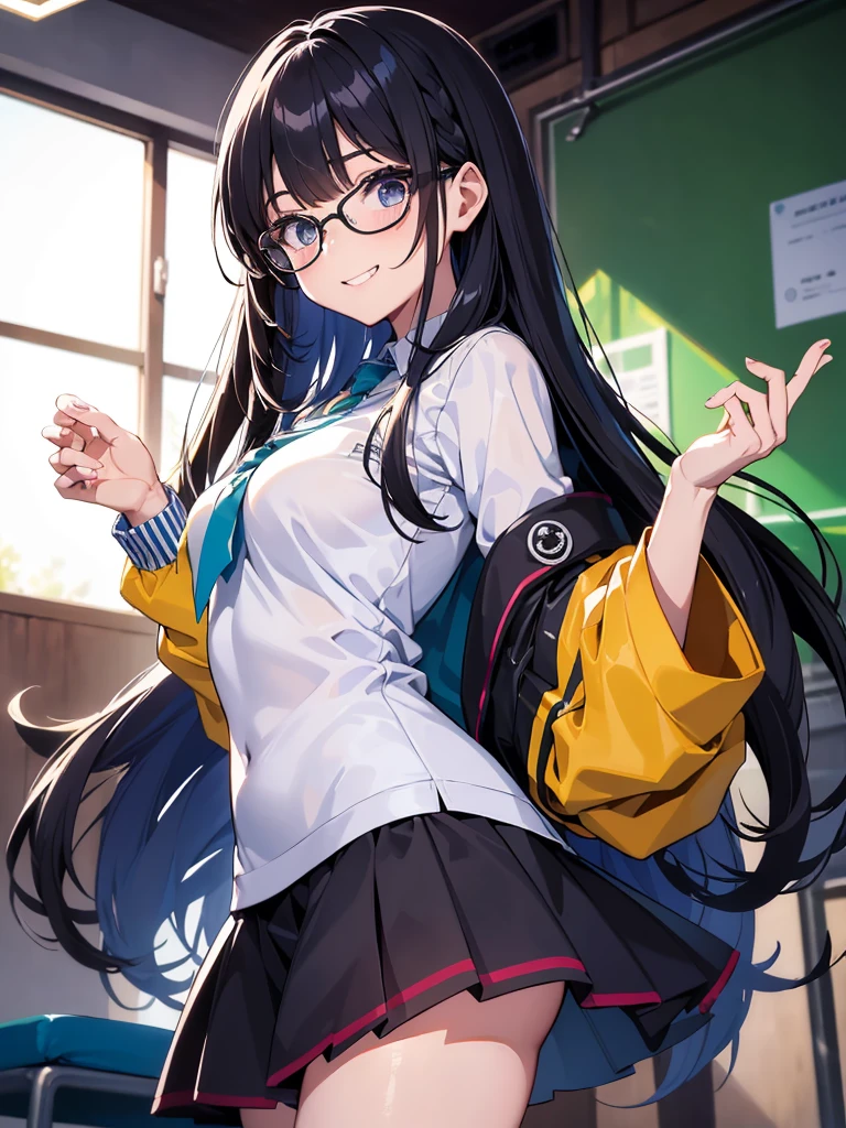 ((master part)), ((best quality)), (ultra-detalhado), ((kawaii)), (fofo), (Lovely), ((sexy)), (Foi), ((extremamente detalhado)), 4k, (8k), best quality, (Beautiful), illustration, estilo anime, Pintura, Dynamic angle, (cowboy shot:1.2), (girly masturbation:1.2), (aperto de peito), (de curinga:1.4), contorno pesado, Contornos claros, gradation, (foco de corpo inteiro), Sala de aula da escola, (Noite), bonito,1girl em, sozinho, Uniforme escolar, Cute random colored eyes, ((Olhos bonitos)), Pele levemente cor de trigo, random hair style, Glutes, (mama grande), dark rimmed glasses, (Sorriso:1.2), sorriso, (corar:1.5), efeito espumante, Reflexo da lente, brilhante-cintilante, Brilhando